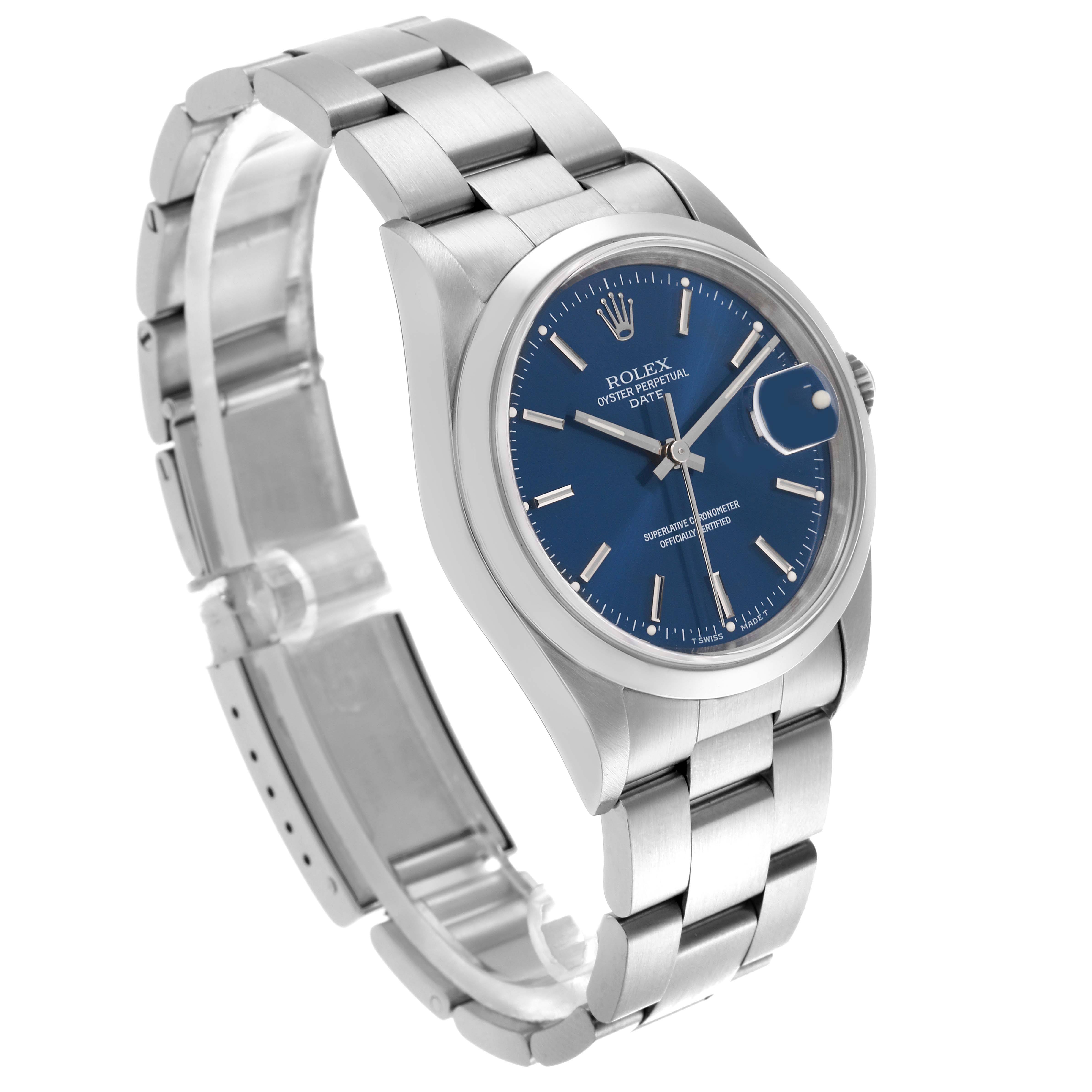 The Rolex Date 15200 Men's Stainless Steel Blue Dial 15200 Men's Stainless Steel Blue Dial watch is shown at a slight angle, displaying the face, bracelet, and partial profile of the case.