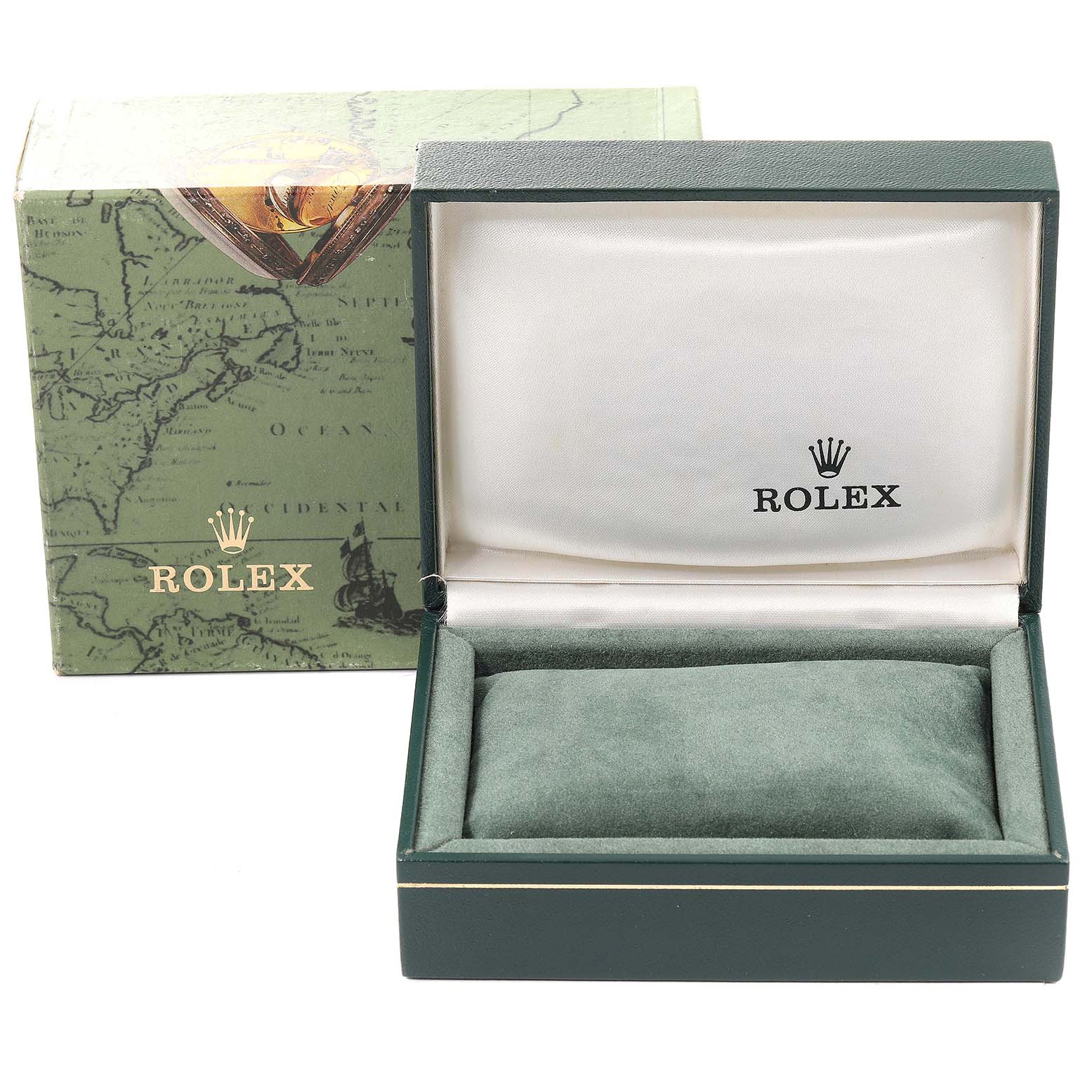 The image shows the packaging of a Rolex Date 69190 Women's Stainless Steel White Dial 69190 Women's Stainless Steel White Dial model watch, featuring the outer box and the open inner box.