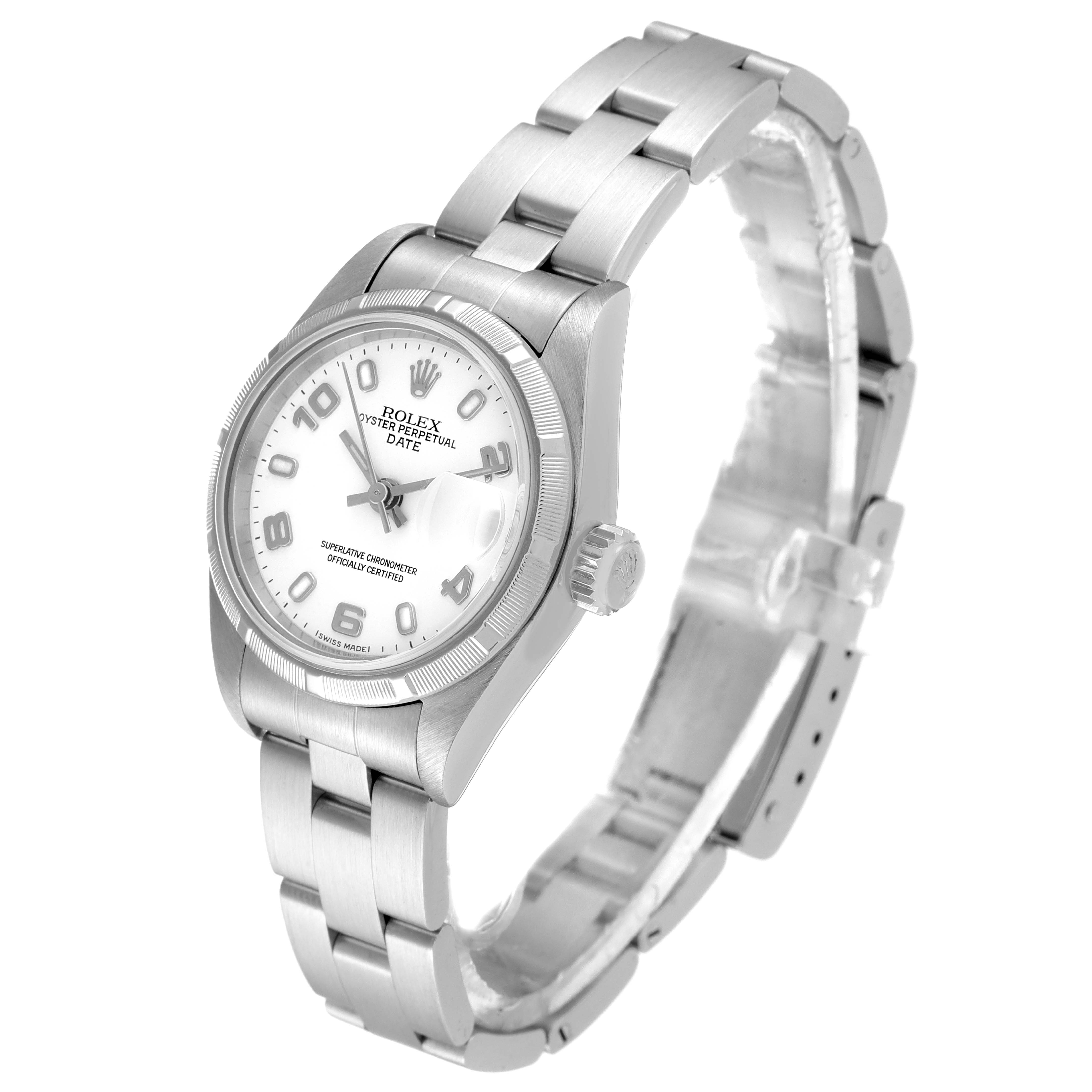 The image shows a Rolex Date 69190 Women's Stainless Steel White Dial 69190 Women's Stainless Steel White Dial model watch at a slight angle, highlighting its face, crown, and metal bracelet.