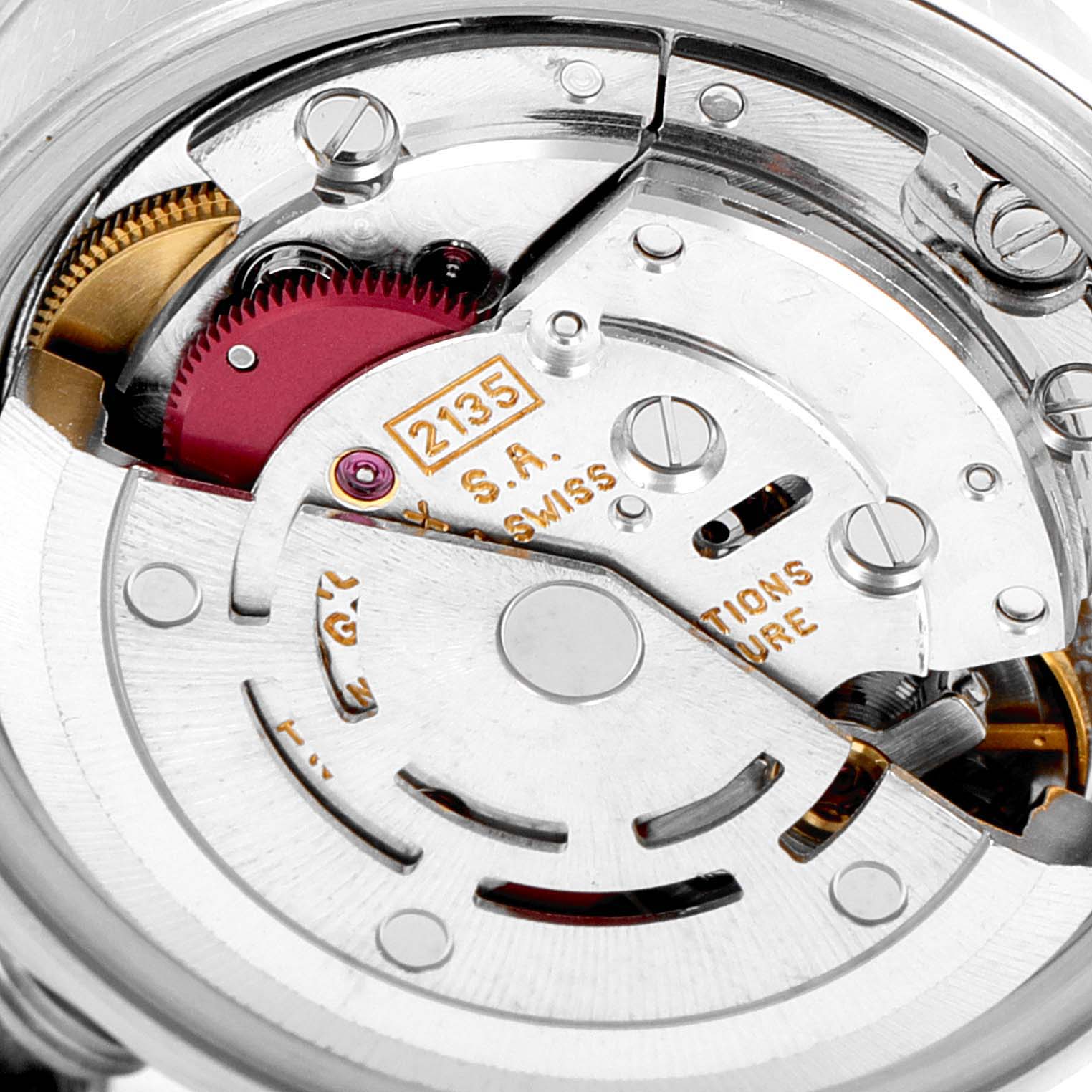 This image shows the movement mechanism of a Rolex Date 69190 Women's Stainless Steel White Dial 69190 Women's Stainless Steel White Dial model watch, viewed from the back.