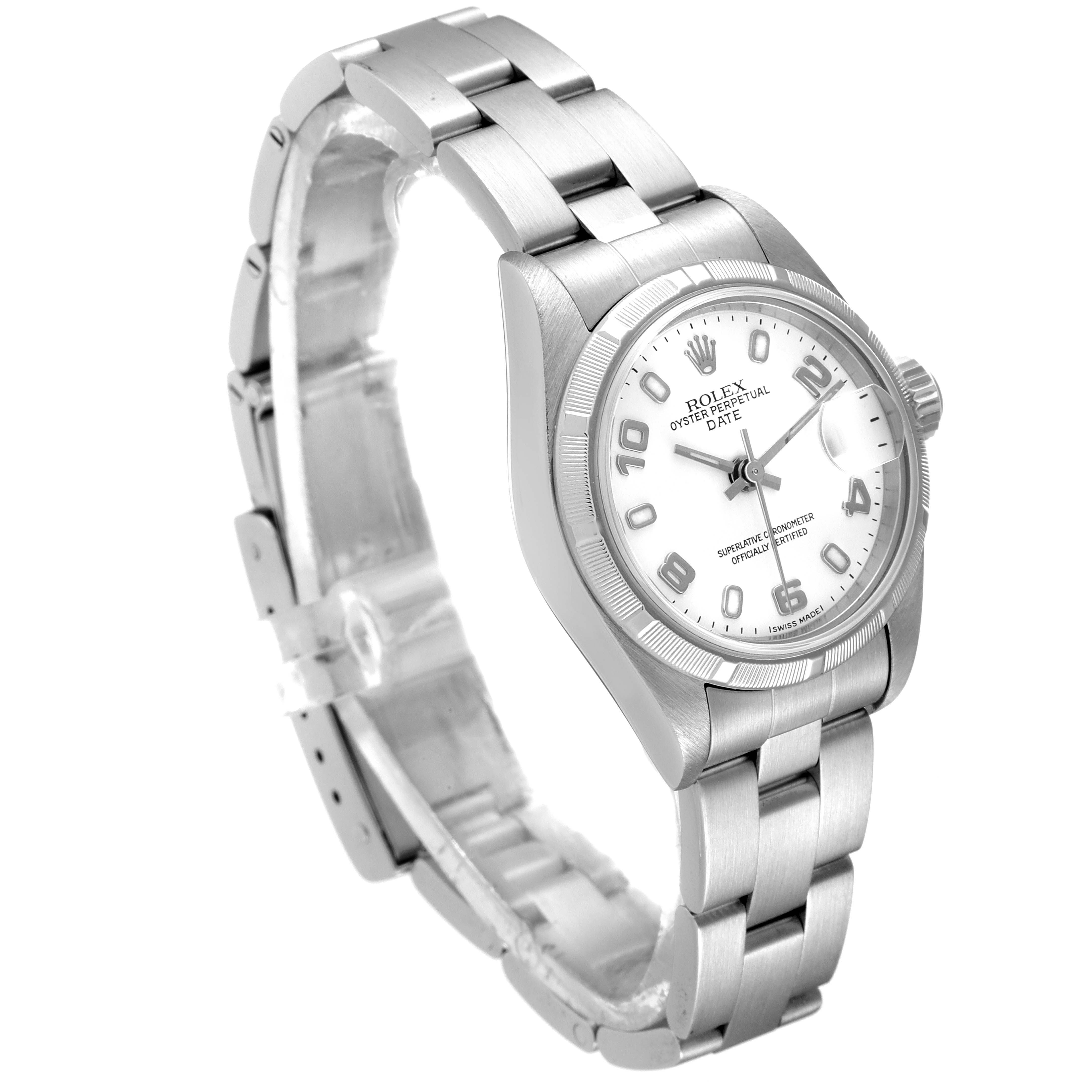 The Rolex Date 69190 Women's Stainless Steel White Dial 69190 Women's Stainless Steel White Dial watch is shown at a three-quarter angle, highlighting the face, bezel, and metal bracelet.