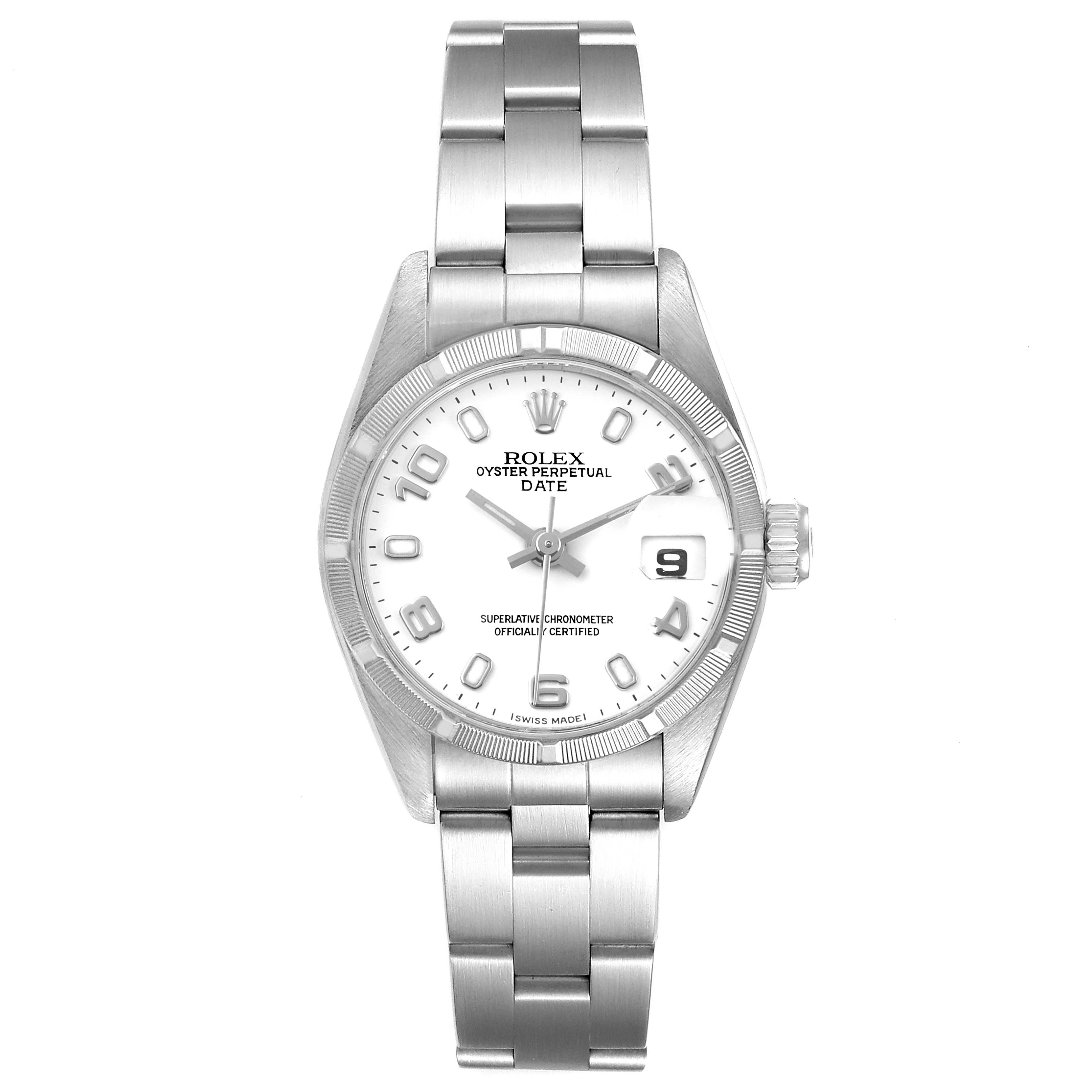 This image shows a frontal view of a Rolex Oyster Perpetual Date watch, including its face, bezel, and bracelet.