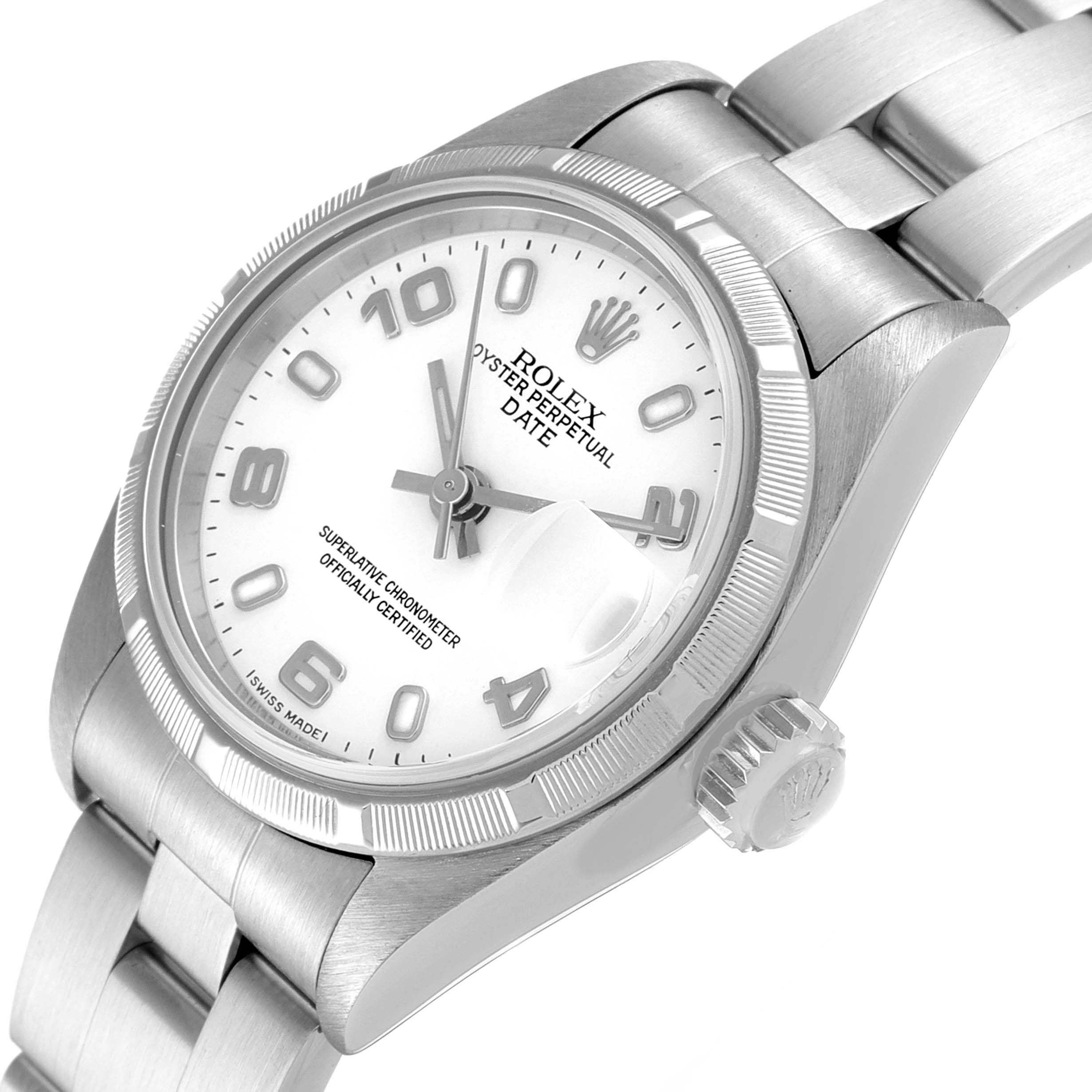 This image shows a Rolex Oyster Perpetual Date watch at a tilted angle, highlighting the dial and bracelet.