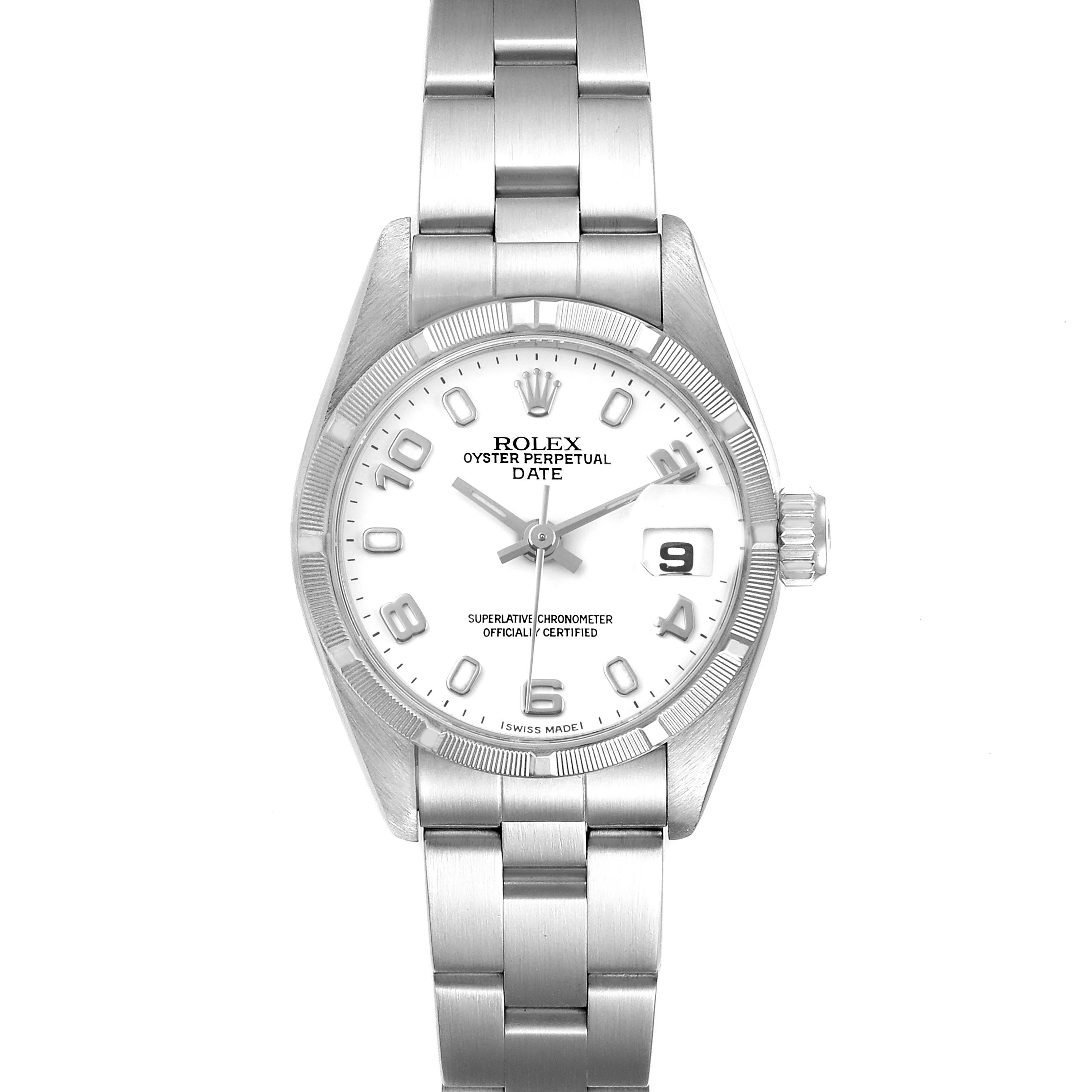 This is a head-on view of the Rolex Date 69190 Women's Stainless Steel White Dial 69190 Women's Stainless Steel White Dial model watch, showing the face, bezel, crown, and bracelet.