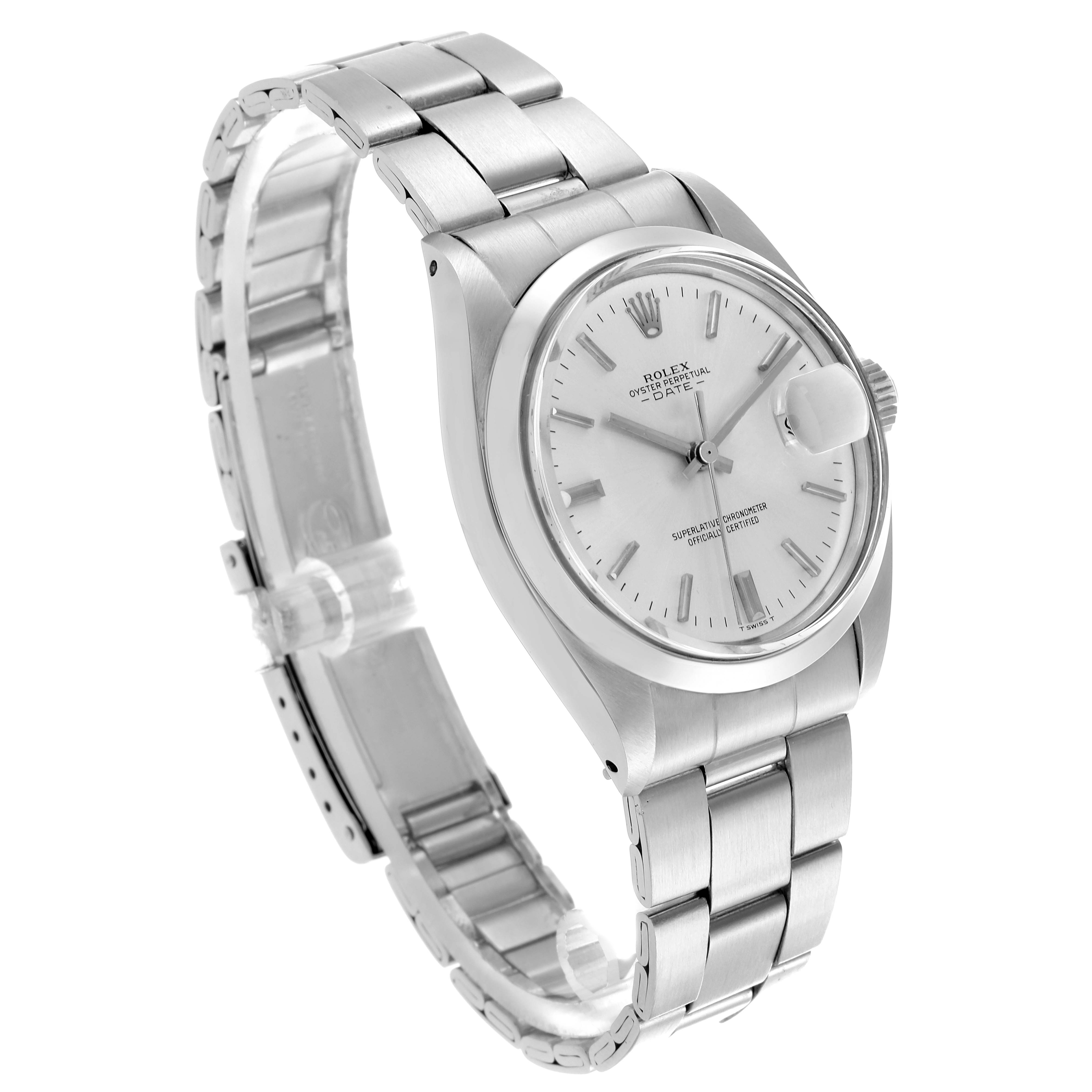 The Rolex Date 1500 Men's Stainless Steel Silver Dial 1500 Men's Stainless Steel Silver Dial watch is shown at a three-quarter angle, displaying the face, crown, and bracelet.