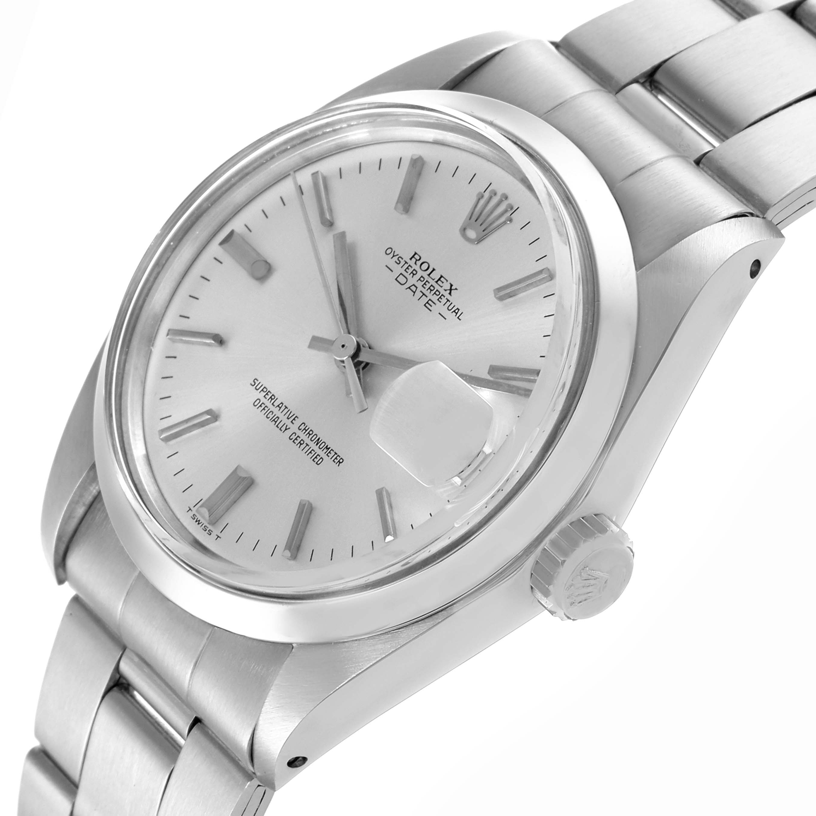 The Rolex Date 1500 Men's Stainless Steel Silver Dial 1500 Men's Stainless Steel Silver Dial watch is shown at a three-quarter angle displaying the face, crown, and part of the bracelet.