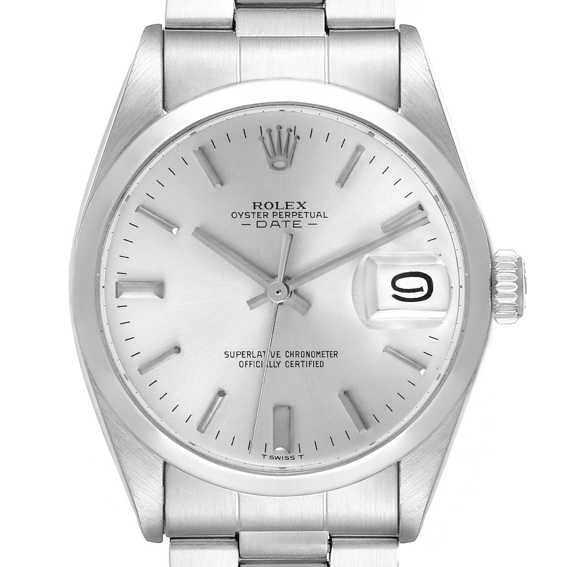 The image shows a front view of a Rolex Date 1500 Men's Stainless Steel Silver Dial 1500 Men's Stainless Steel Silver Dial model, highlighting the dial, hands, date window, and part of the bracelet.