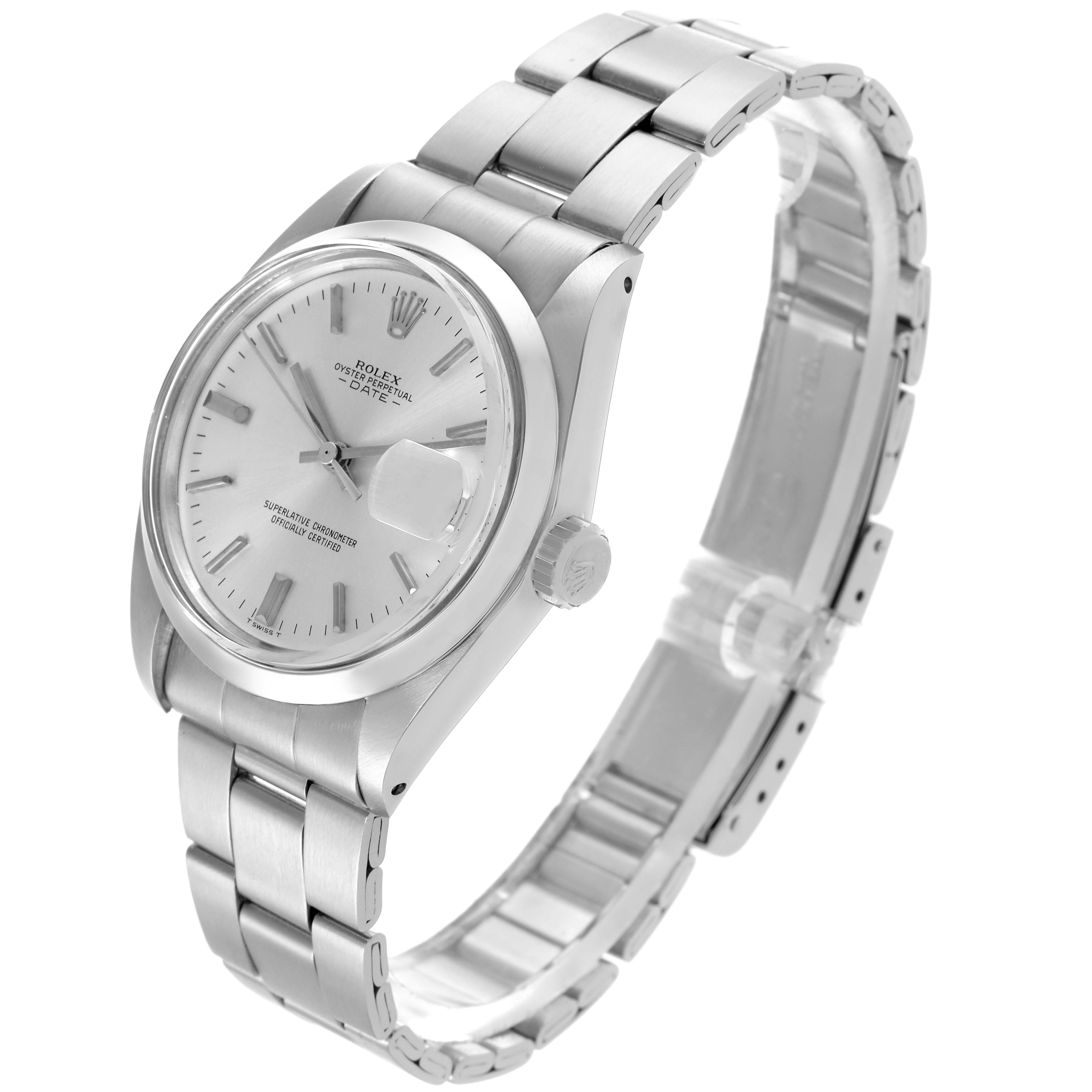 The Rolex Date 1500 Men's Stainless Steel Silver Dial 1500 Men's Stainless Steel Silver Dial watch is shown at a three-quarter angle, highlighting the dial, crown, and bracelet.