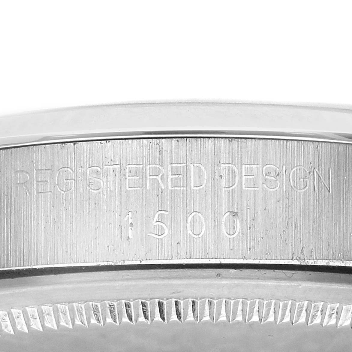 The image shows a close-up of the case side of a Rolex Date 1500 Men's Stainless Steel Silver Dial 1500 Men's Stainless Steel Silver Dial watch, featuring the model number "1500."