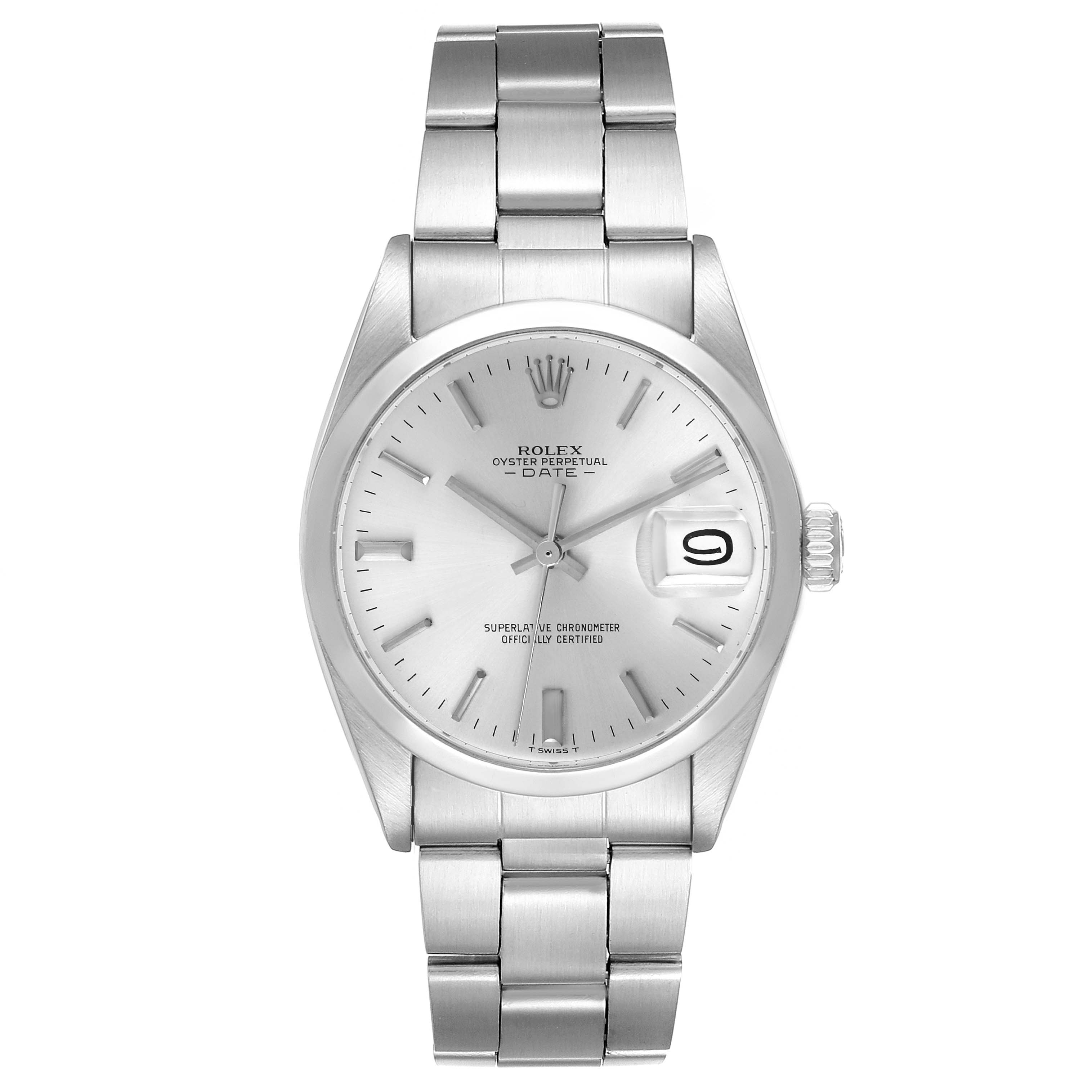 The Rolex Date 1500 Men's Stainless Steel Silver Dial 1500 Men's Stainless Steel Silver Dial model is shown from a front angle, highlighting the watch face, bracelet, and date magnifying lens.