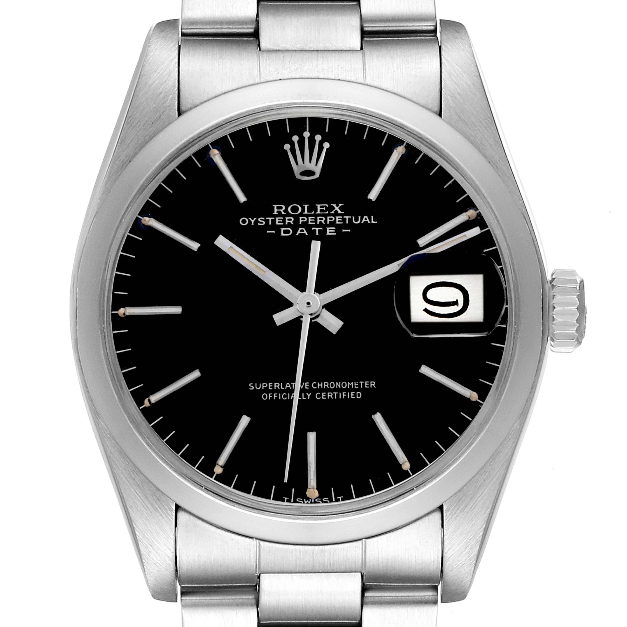 The Rolex Date 1500 Men's Stainless Steel Black Dial 1500 Men's Stainless Steel Black Dial model watch is shown from the front, displaying the face, hands, crown, and part of the bracelet.