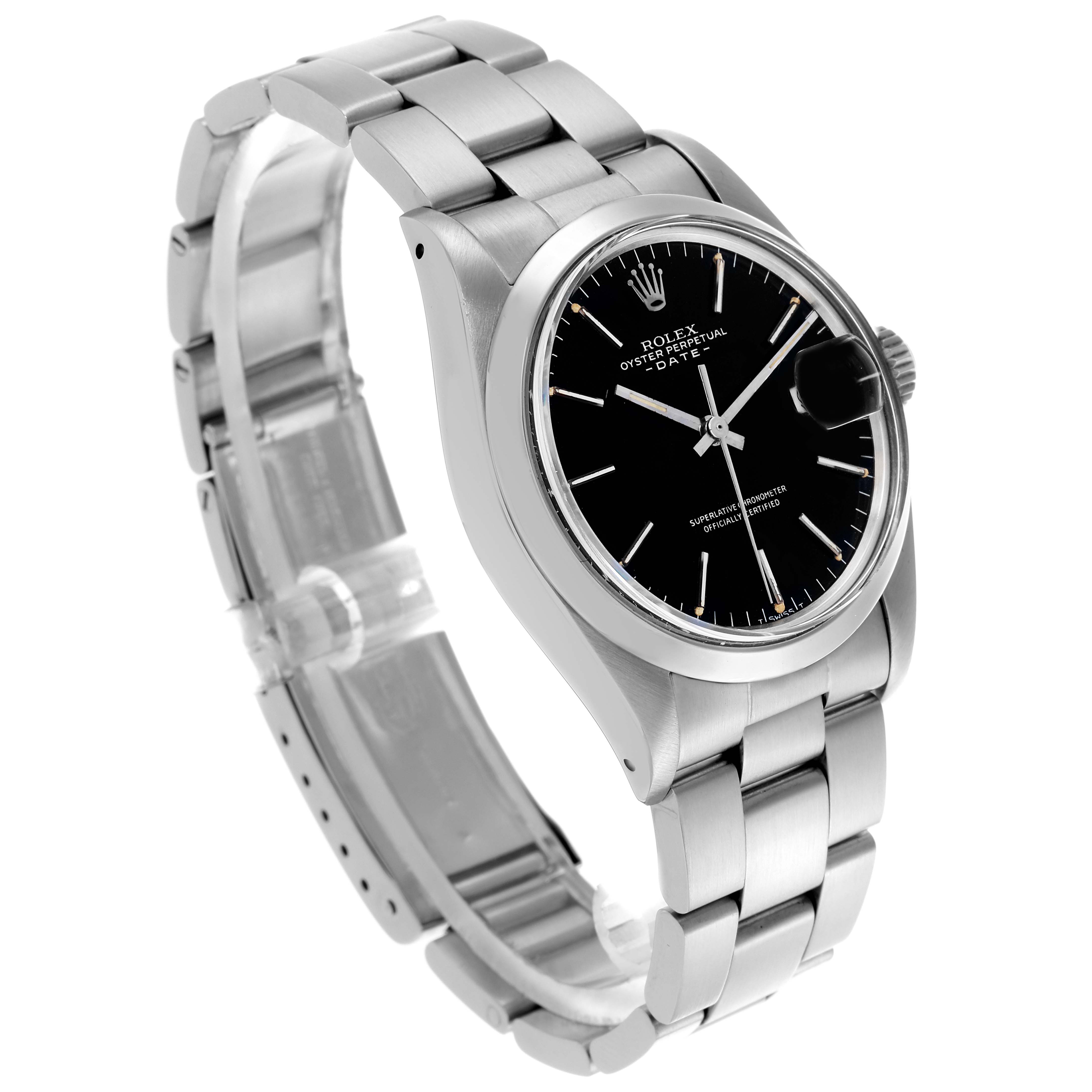 The Rolex Date 1500 Men's Stainless Steel Black Dial 1500 Men's Stainless Steel Black Dial model watch is shown at a three-quarter angle, highlighting the black dial, bezel, bracelet, and partially the crown.