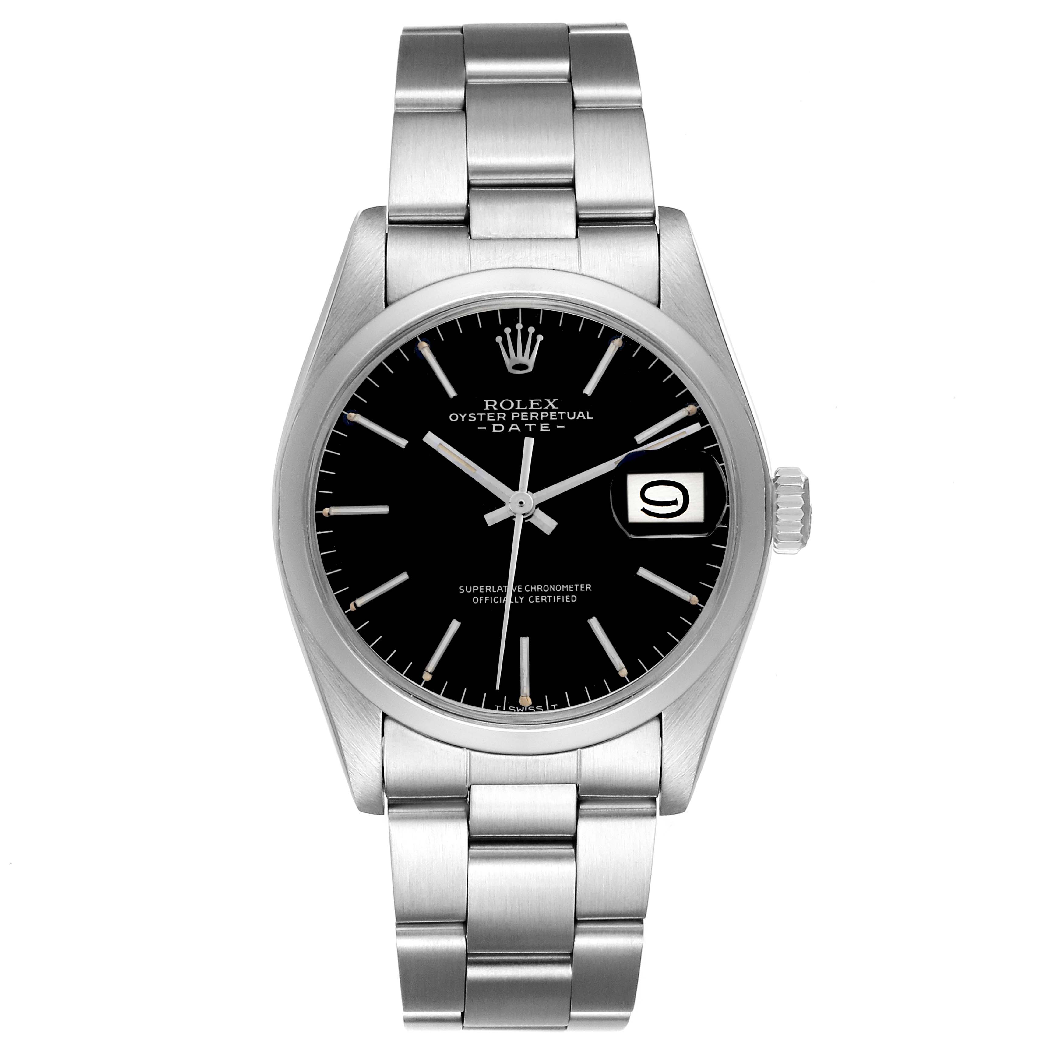 The Rolex Date 1500 Men's Stainless Steel Black Dial 1500 Men's Stainless Steel Black Dial model is shown from a front angle, highlighting the dial, bezel, bracelet, and crown.