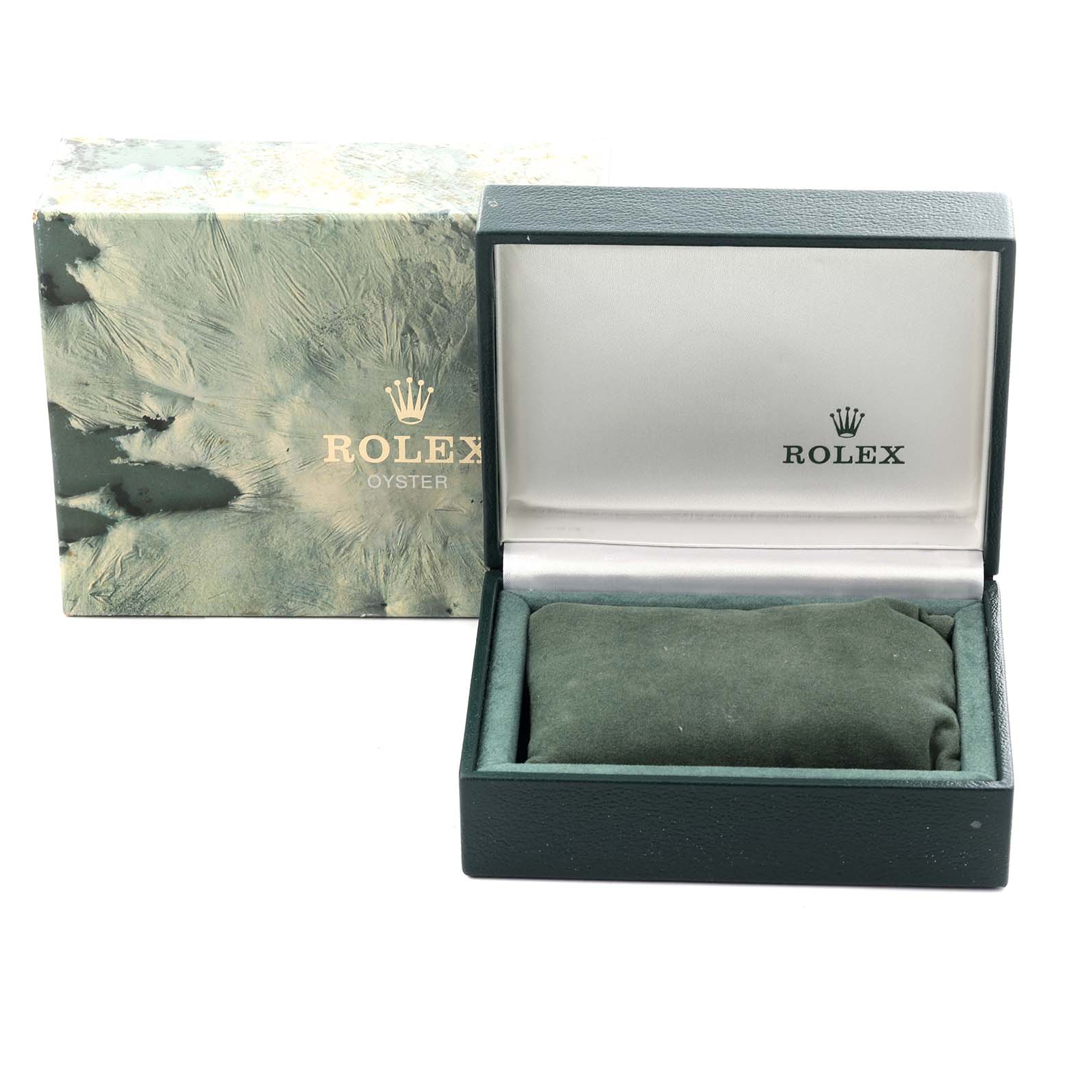 The image shows a Rolex Date 1500 Men's Stainless Steel Black Dial 1500 Men's Stainless Steel Black Dial model box and cushion, with both the outer and inner packaging visible at an angle.