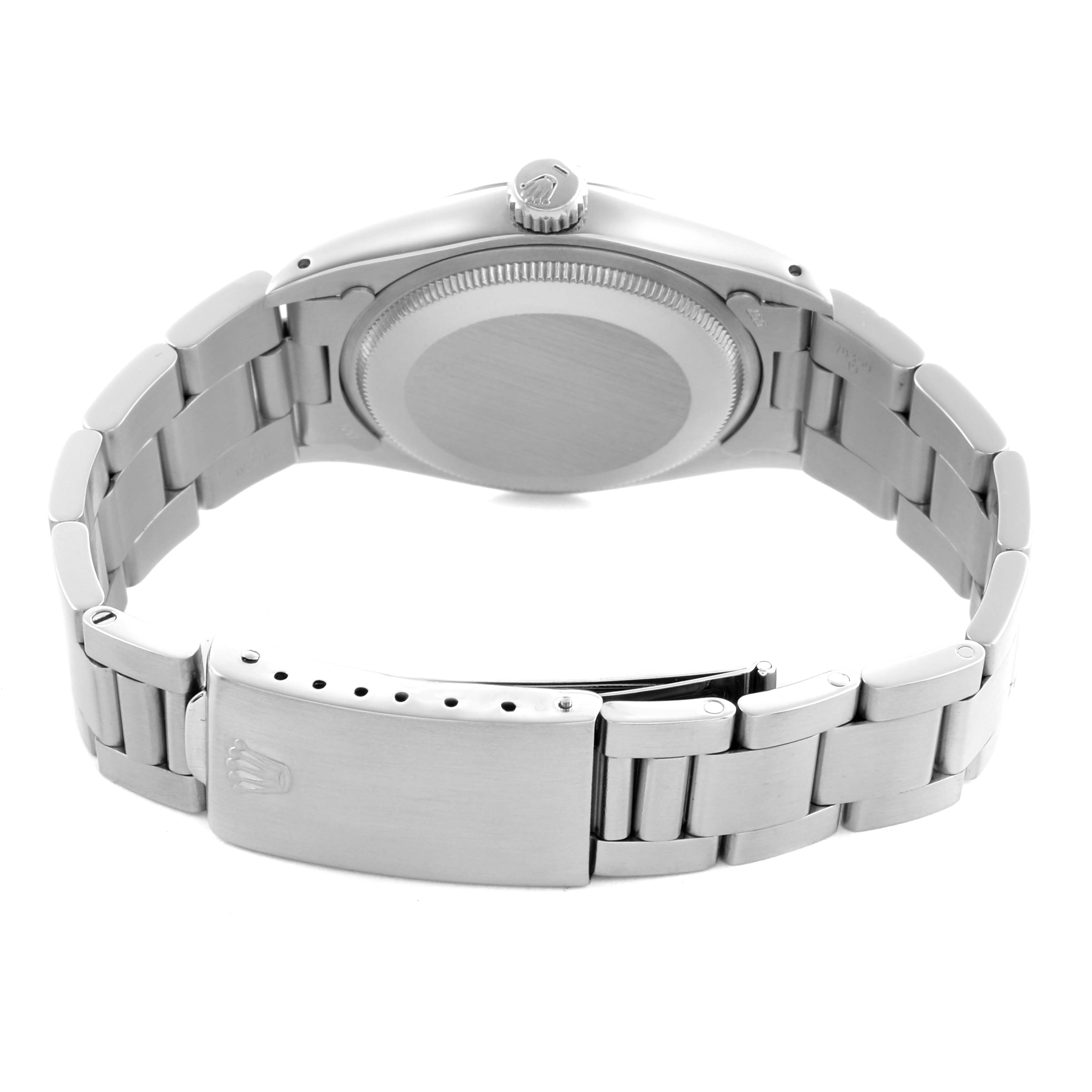 The image shows the back of a Rolex Date 1500 Men's Stainless Steel Black Dial 1500 Men's Stainless Steel Black Dial model watch, highlighting the clasp, bracelet, and case back from a rear angle.