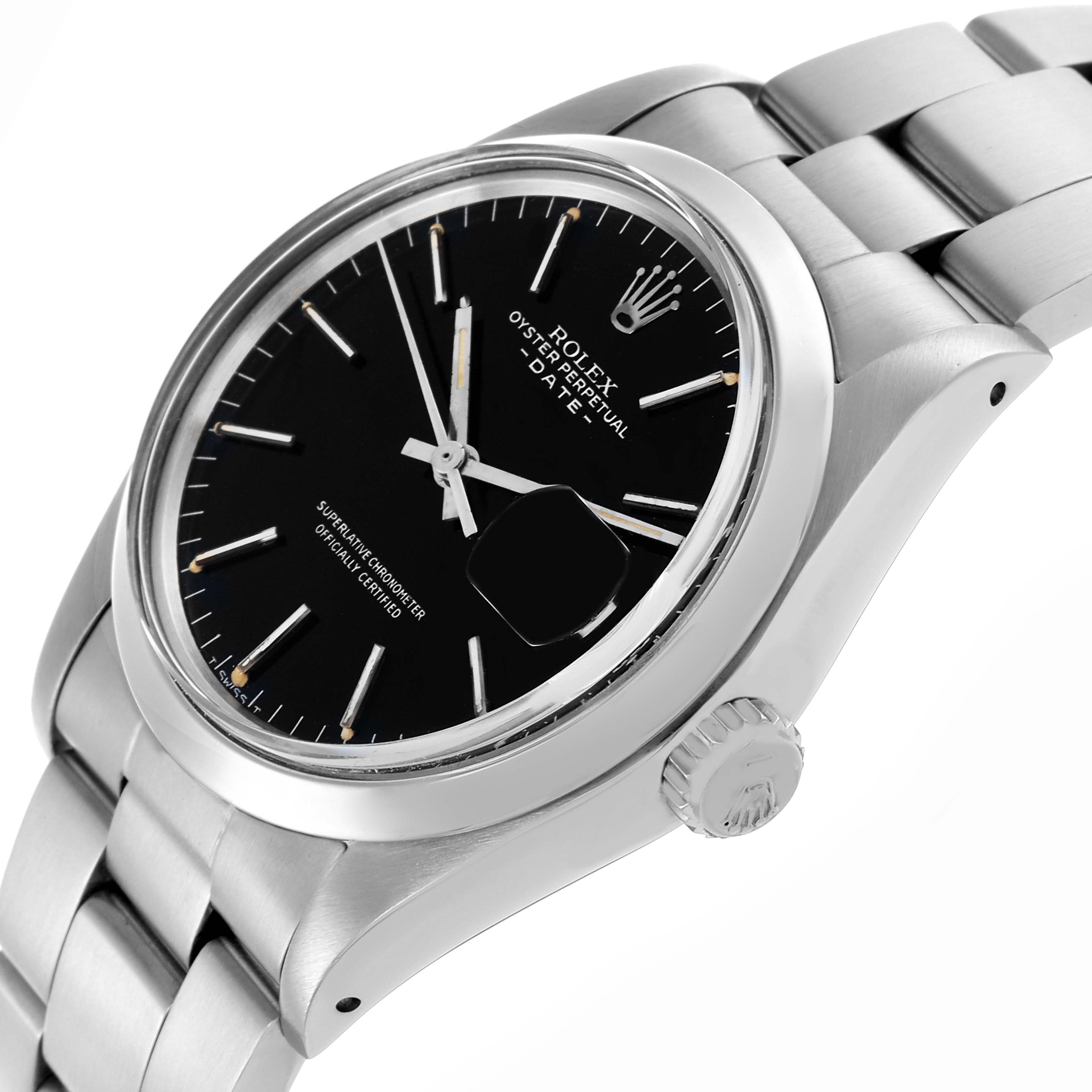 The Rolex Date 1500 Men's Stainless Steel Black Dial 1500 Men's Stainless Steel Black Dial model is shown at an angled side view, highlighting the black dial, crown, and stainless steel bracelet.