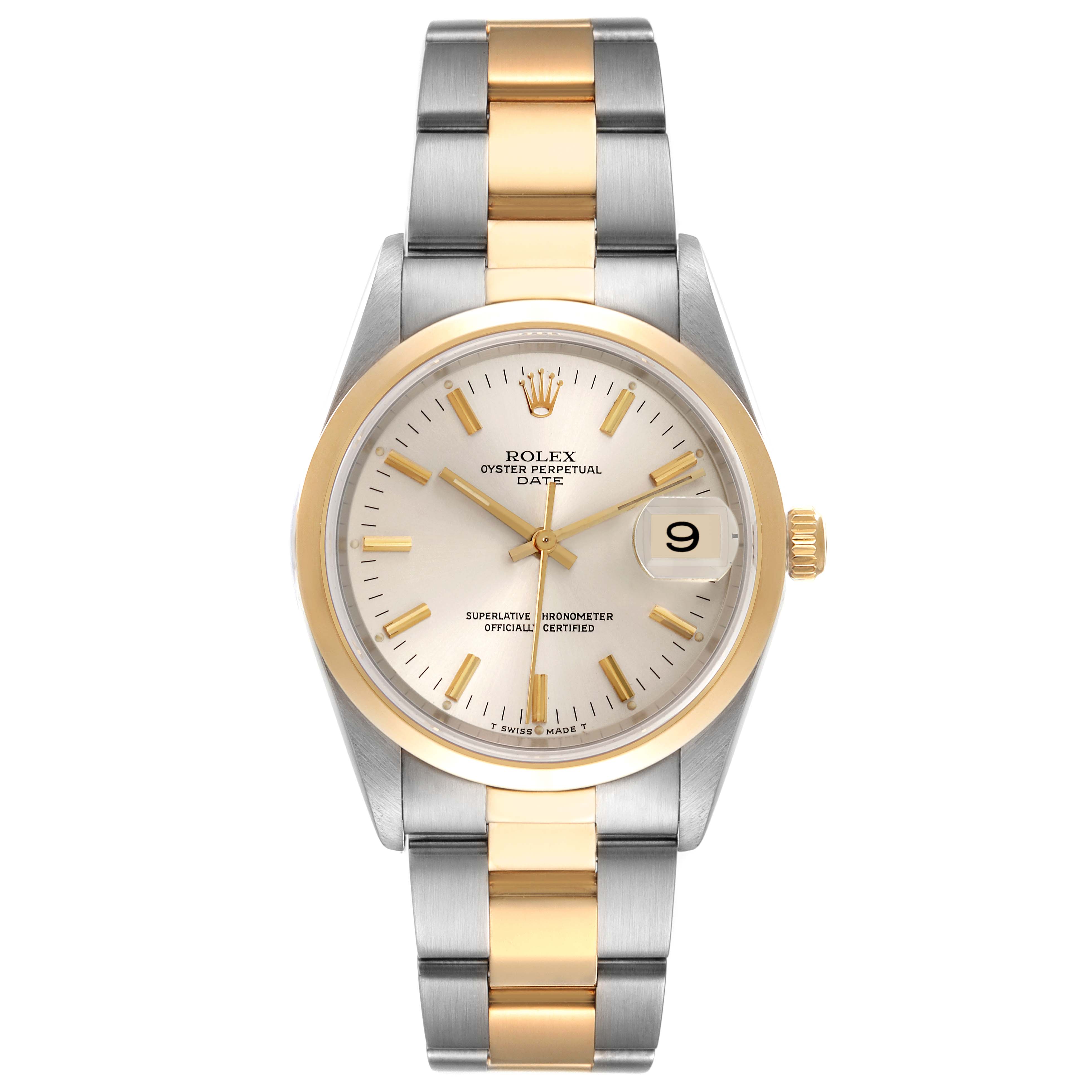 The Rolex Date 15203 Men's Steel and Gold (two tone) Silver Dial 15203 Men's Steel and Gold (two tone) Silver Dial watch is shown from the front, highlighting its dial, bezel, and two-tone bracelet.