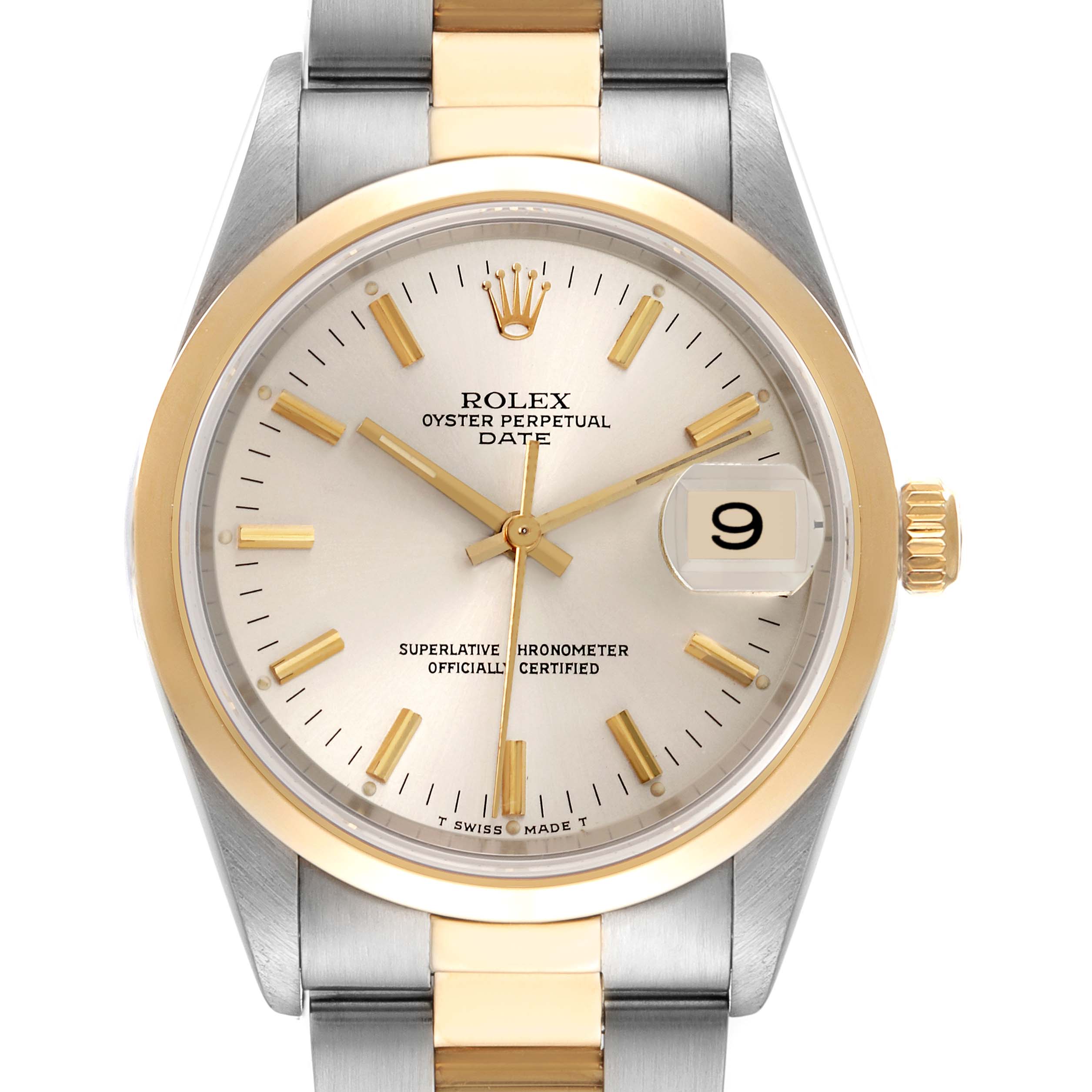 The Rolex Date 15203 Men's Steel and Gold (two tone) Silver Dial 15203 Men's Steel and Gold (two tone) Silver Dial watch is shown from a front angle, focusing on the dial, bezel, crown, and part of the bracelet.