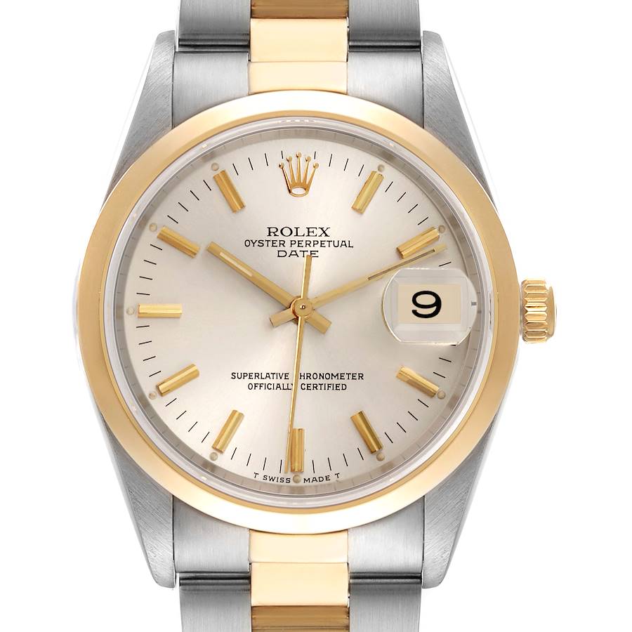 The Rolex Date watch is shown from a front angle, focusing on the dial, bezel, crown, and part of the bracelet.