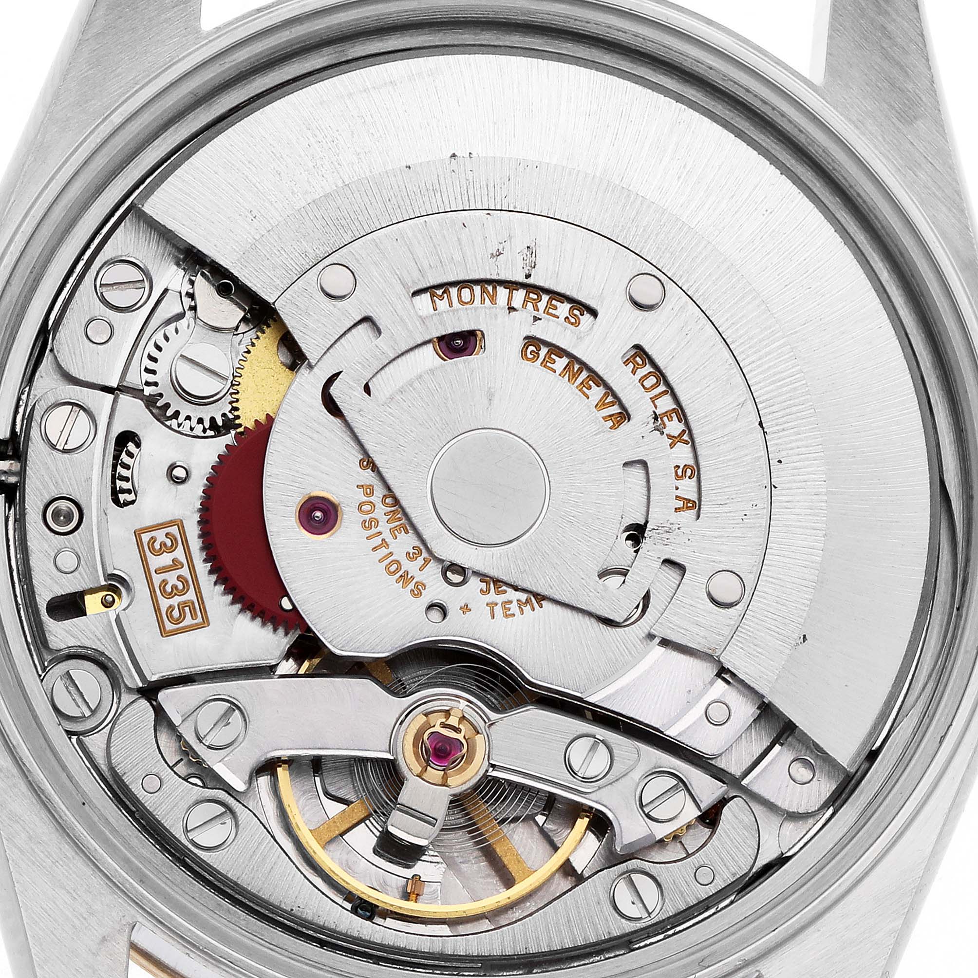 The image shows the movement and internal mechanism of a Rolex Date 15203 Men's Steel and Gold (two tone) Silver Dial 15203 Men's Steel and Gold (two tone) Silver Dial watch, viewed from the back.