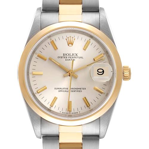 The Rolex Date watch is shown from a frontal angle, highlighting the dial, bezel, crown, and bracelet.