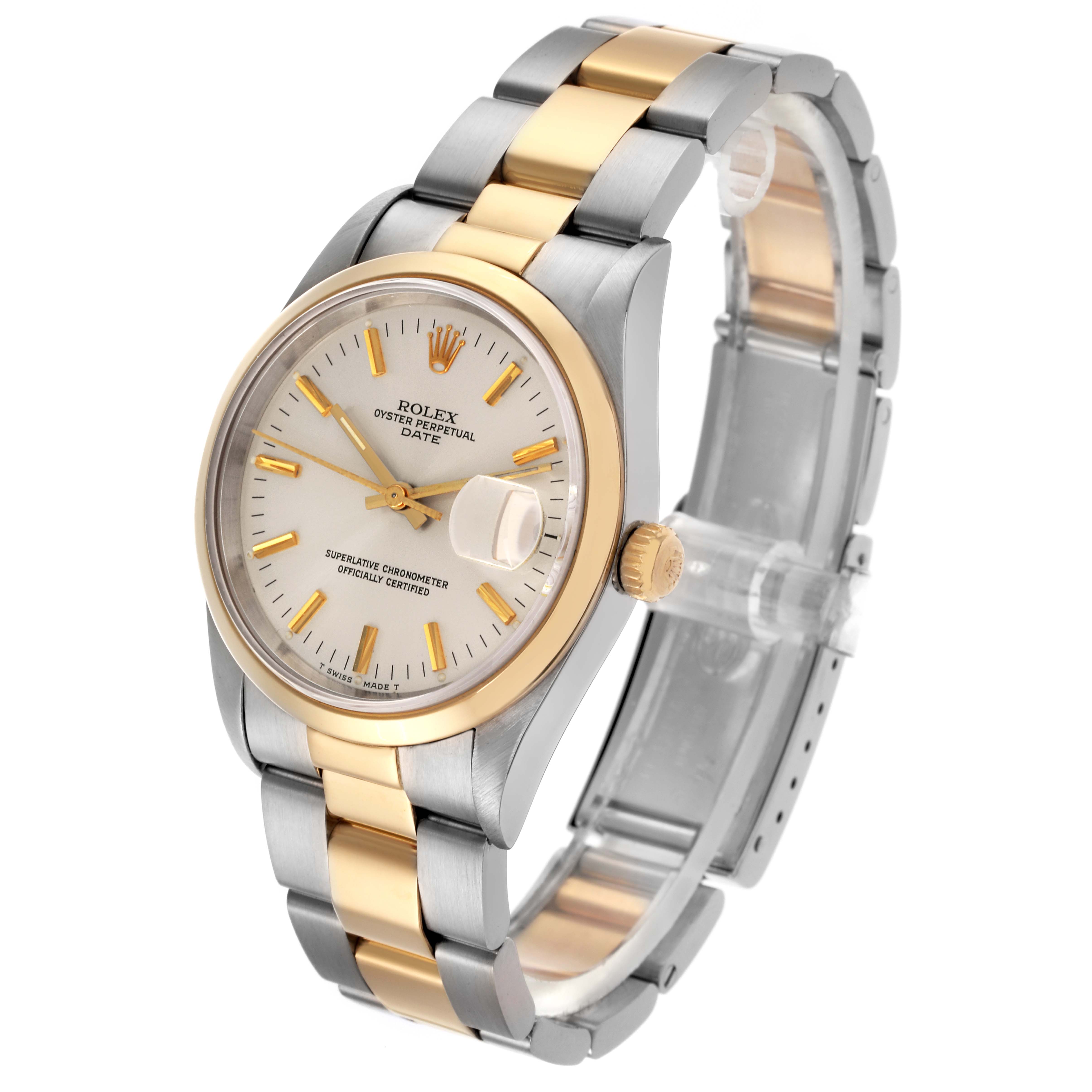 The Rolex Date 15203 Men's Steel and Gold (two tone) Silver Dial 15203 Men's Steel and Gold (two tone) Silver Dial model is shown at an angled view, highlighting the two-tone bracelet, dial, and crown.