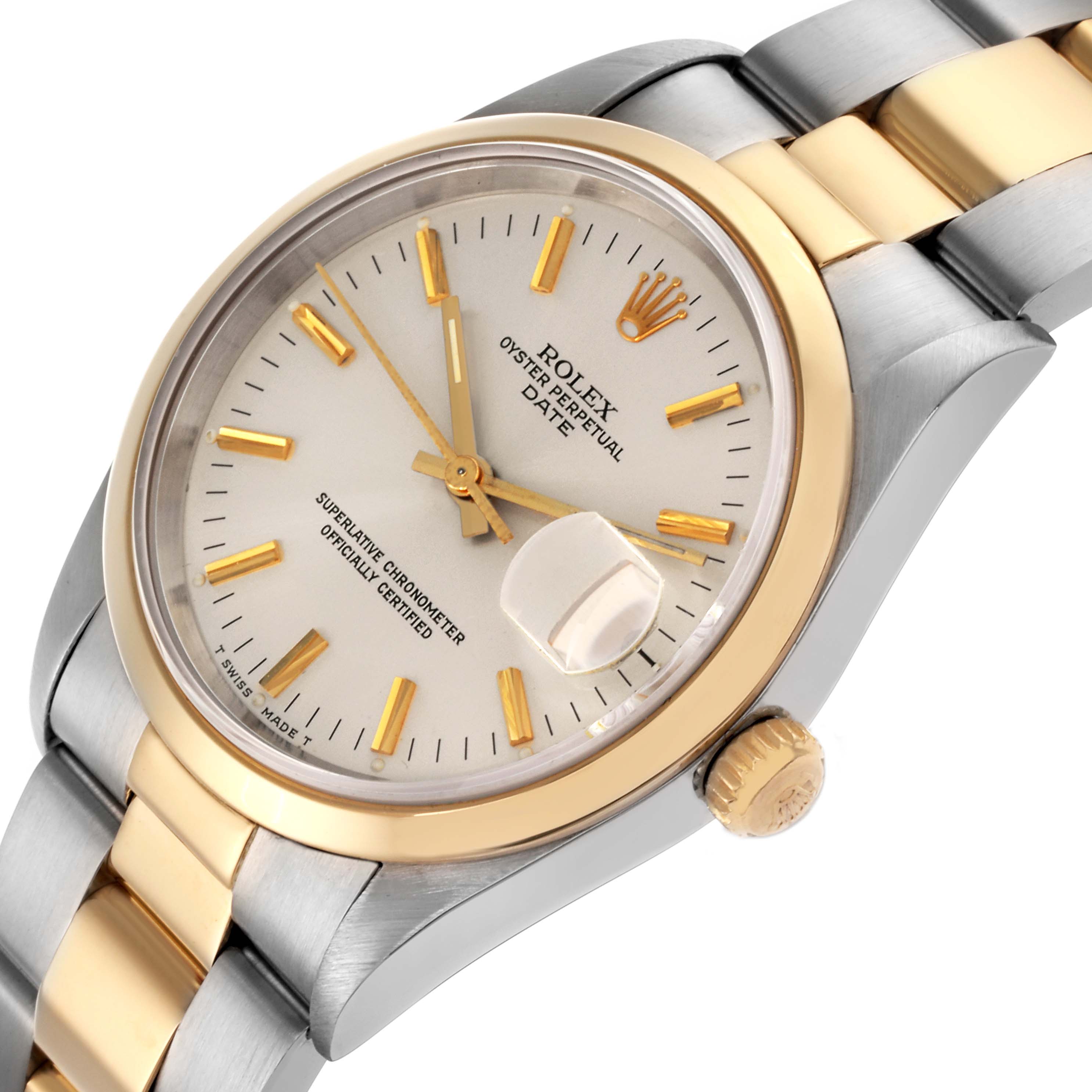 The Rolex Date 15203 Men's Steel and Gold (two tone) Silver Dial 15203 Men's Steel and Gold (two tone) Silver Dial watch is shown at an angled view highlighting the dial, bezel, and part of the bracelet.