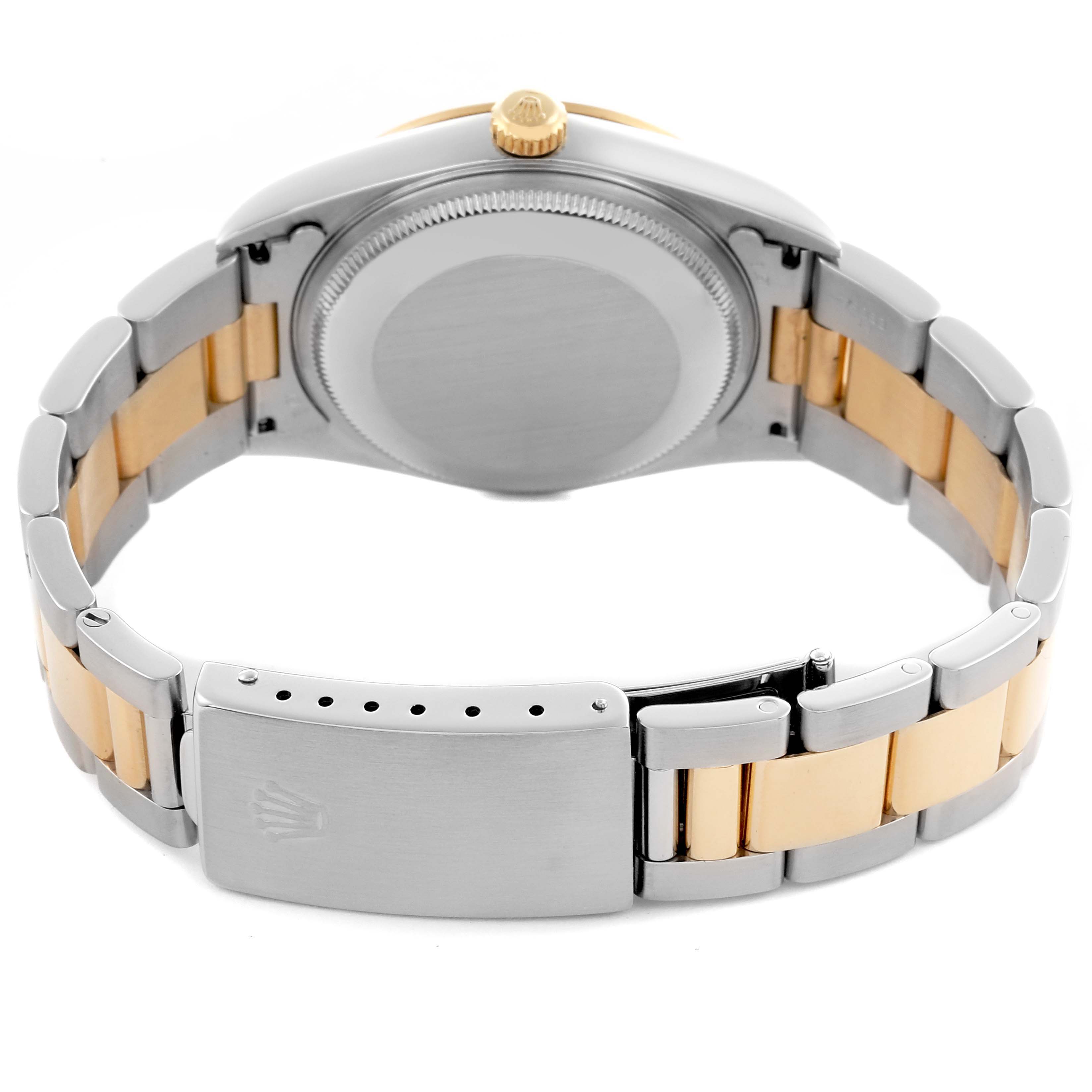 The image shows a Rolex Date 15203 Men's Steel and Gold (two tone) Silver Dial 15203 Men's Steel and Gold (two tone) Silver Dial model from the back, highlighting the case back, bracelet, and clasp.