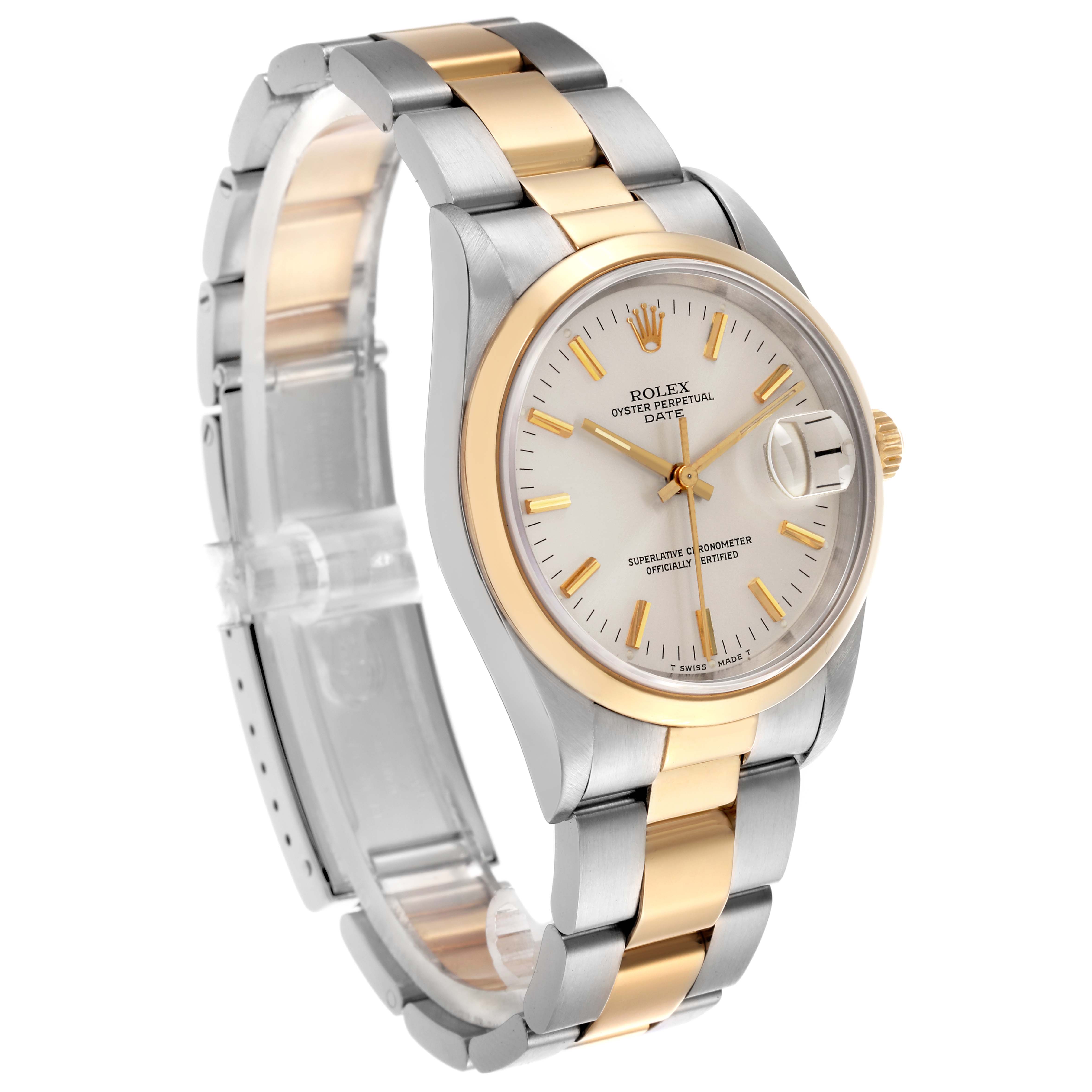 The Rolex Date 15203 Men's Steel and Gold (two tone) Silver Dial 15203 Men's Steel and Gold (two tone) Silver Dial model watch is shown at a three-quarter angle, displaying its dual-tone bracelet, dial, and bezel.