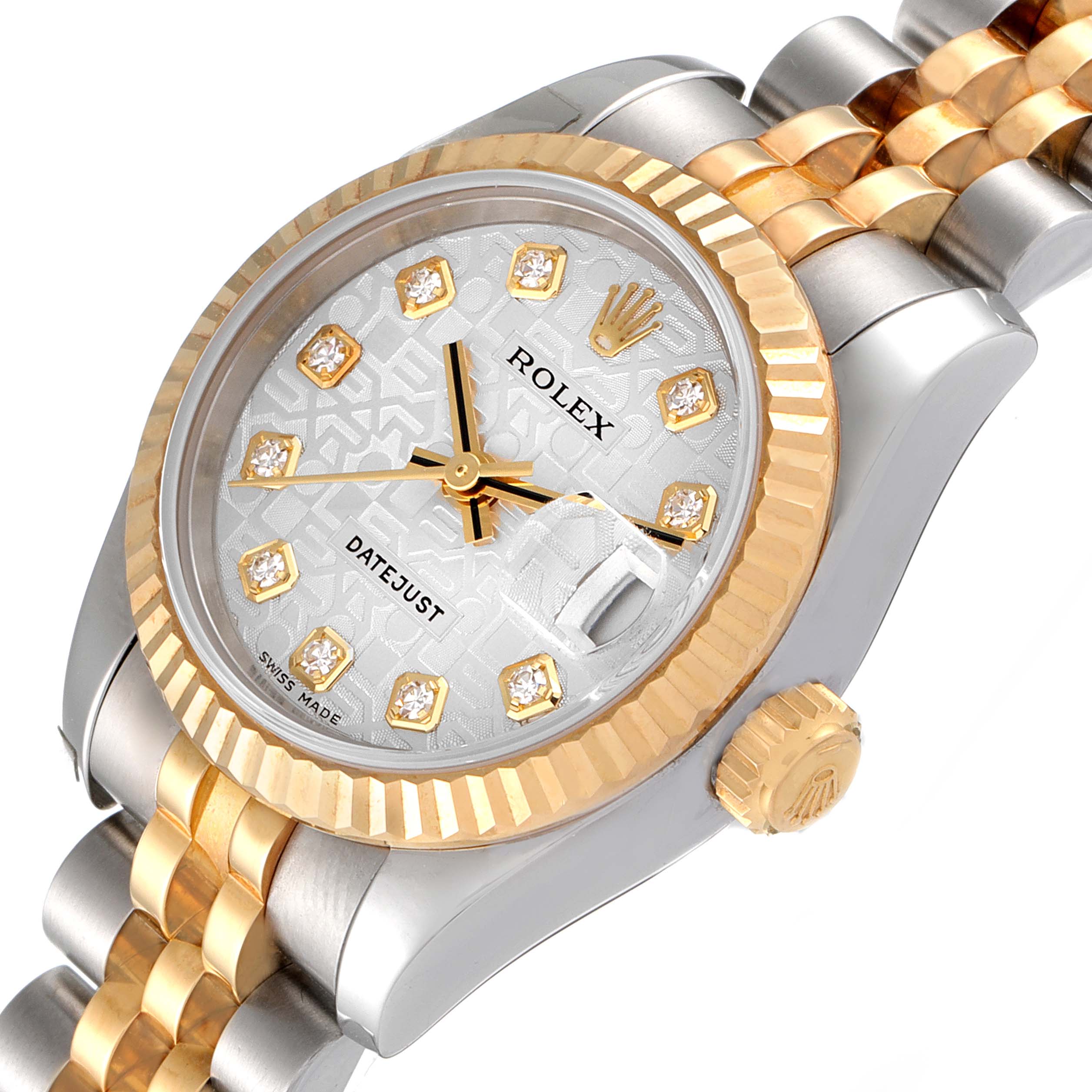 This image shows a Rolex Datejust 179173 Women
s Steel and Gold (two tone) Silver Dial 179173 Women
s Steel and Gold (two tone) Silver Dial watch angled slightly from above, highlighting its face, bezel, and part of the bracelet.