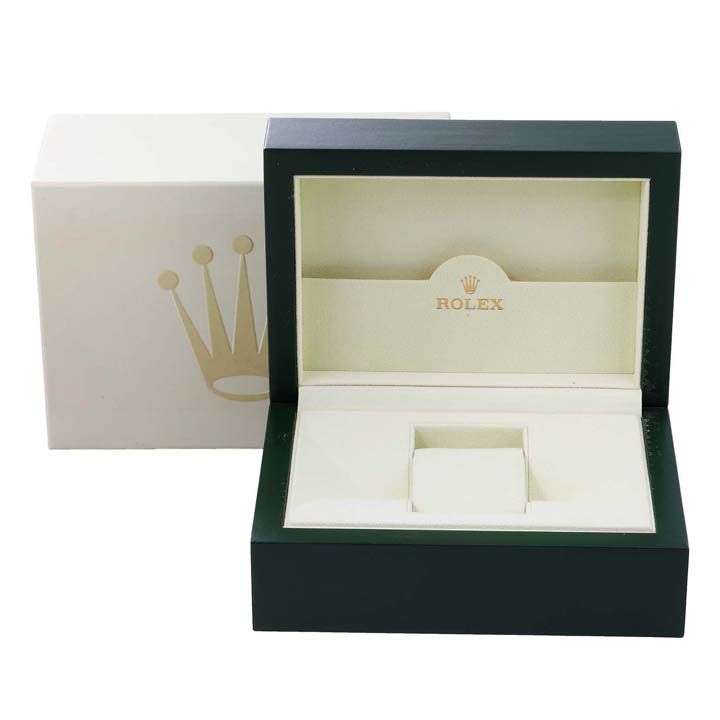 This image shows the open box and outer packaging for a Rolex Datejust 179173 Women
s Steel and Gold (two tone) Silver Dial 179173 Women
s Steel and Gold (two tone) Silver Dial watch, displayed at a front angle.