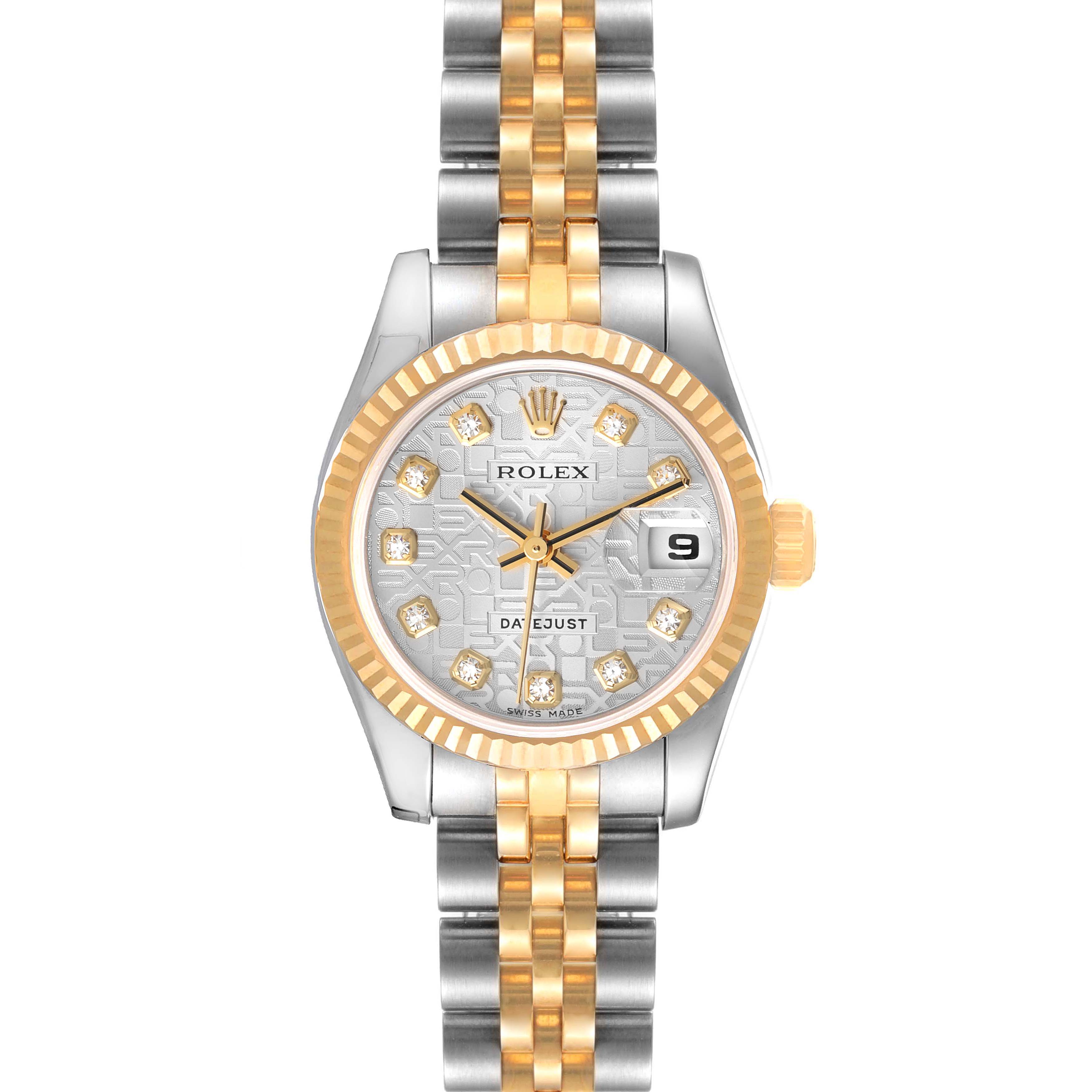This image shows a front view of a Rolex Datejust 179173 Women
s Steel and Gold (two tone) Silver Dial 179173 Women
s Steel and Gold (two tone) Silver Dial watch, highlighting the face, bezel, and part of the bracelet.
