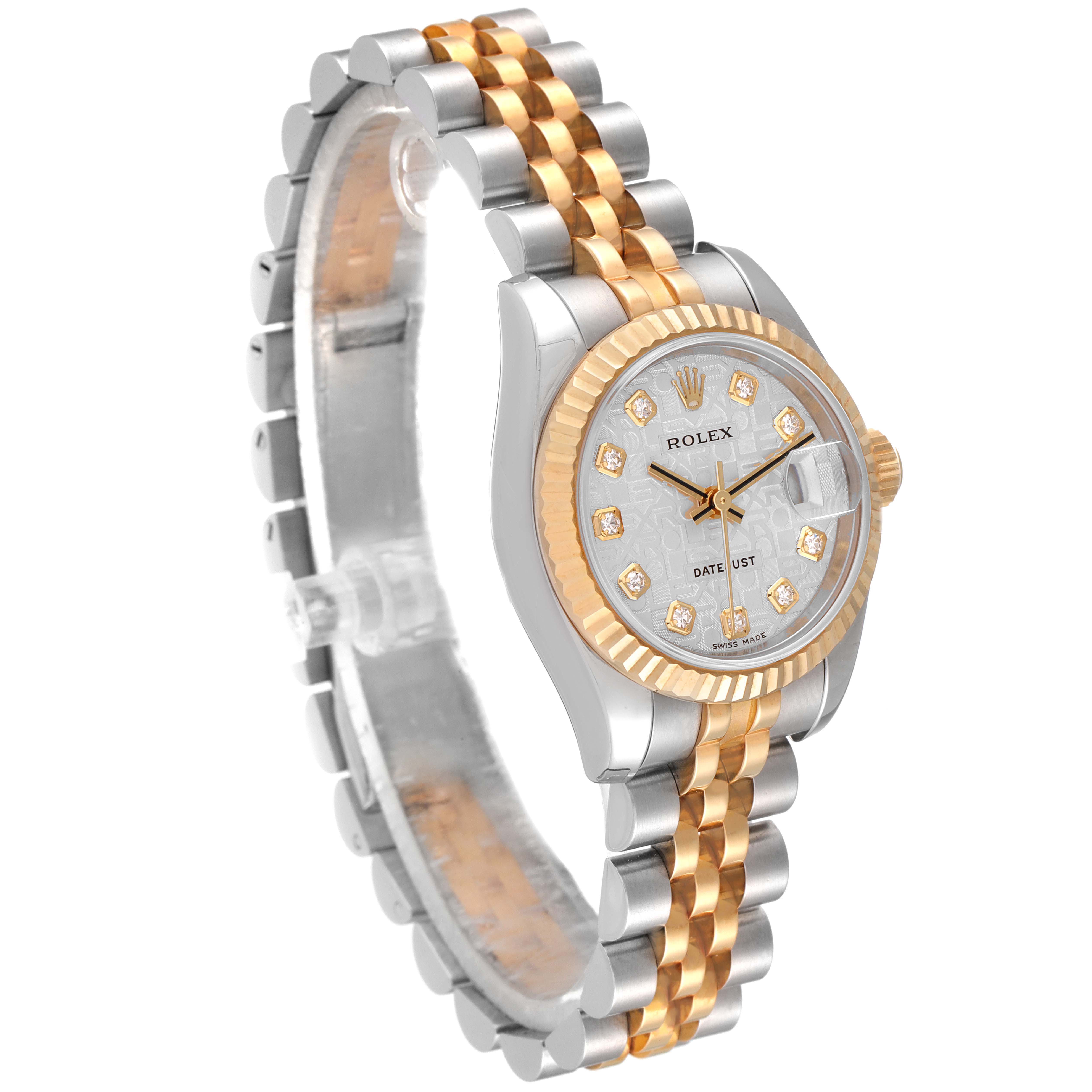 The Rolex Datejust 179173 Women
s Steel and Gold (two tone) Silver Dial 179173 Women
s Steel and Gold (two tone) Silver Dial watch is shown at a three-quarter angle, highlighting the face, bezel, and two-tone bracelet.