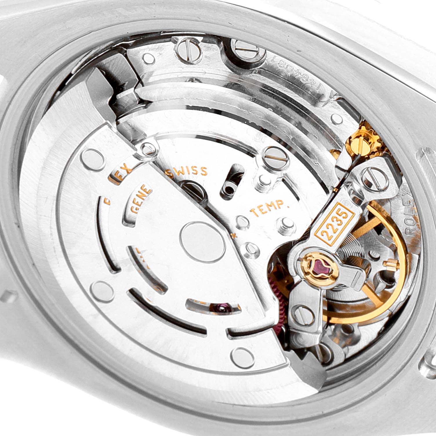 The image shows the internal mechanism of a Rolex Datejust 179173 Women
s Steel and Gold (two tone) Silver Dial 179173 Women
s Steel and Gold (two tone) Silver Dial watch from an angled, close-up view.