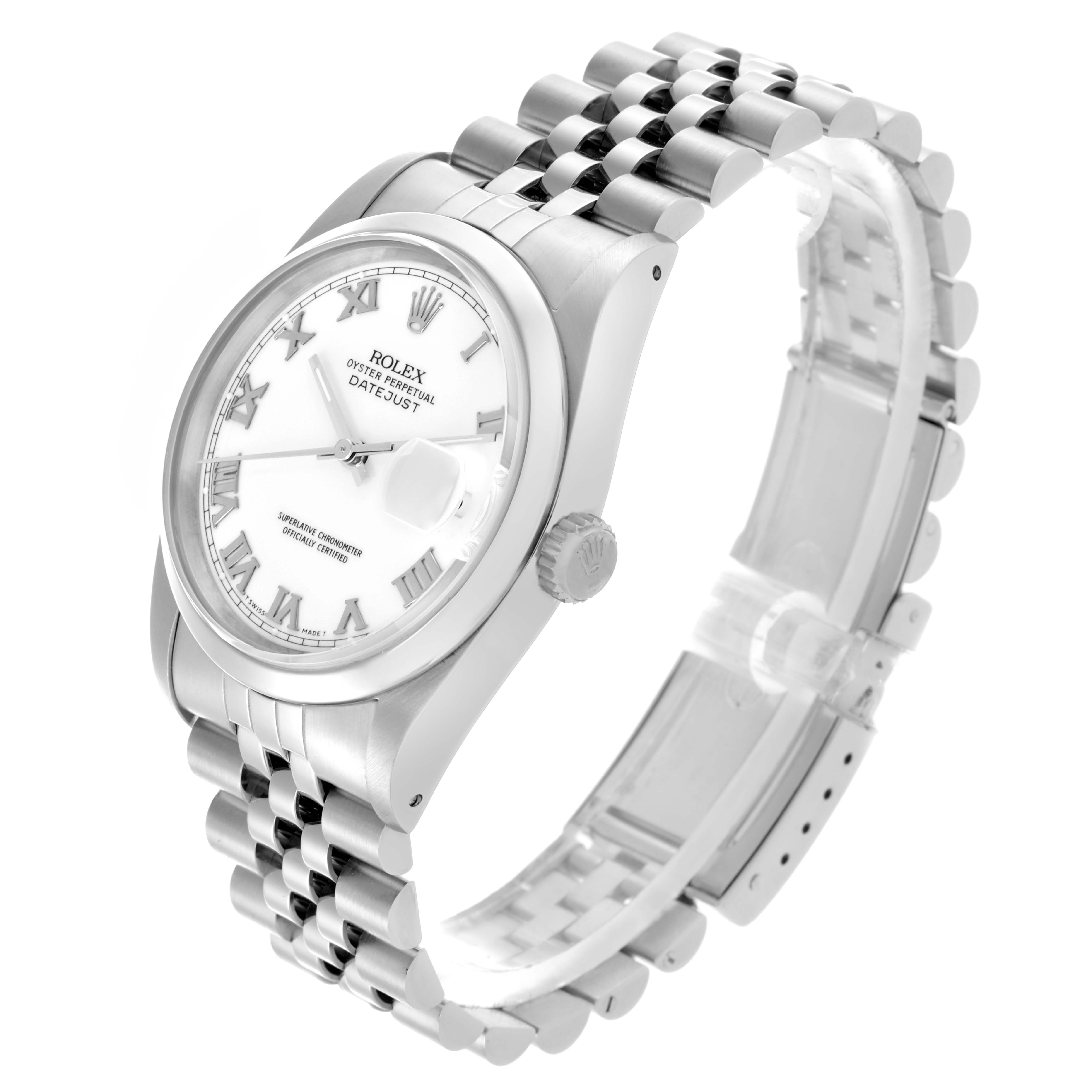 The Rolex Datejust 16200 Men's Stainless Steel White Dial 16200 Men's Stainless Steel White Dial watch is shown at a three-quarter angle, highlighting the dial, bezel, crown, and Jubilee bracelet.