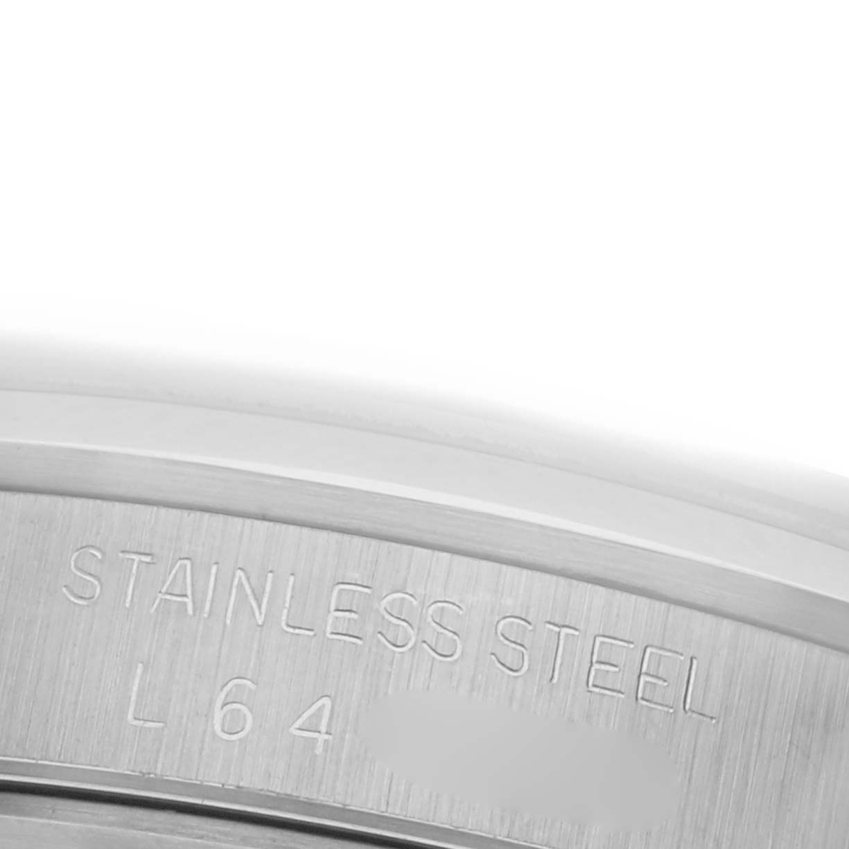 The image shows a close-up of the stainless steel case back of a Rolex Datejust 16200 Men's Stainless Steel White Dial 16200 Men's Stainless Steel White Dial watch.