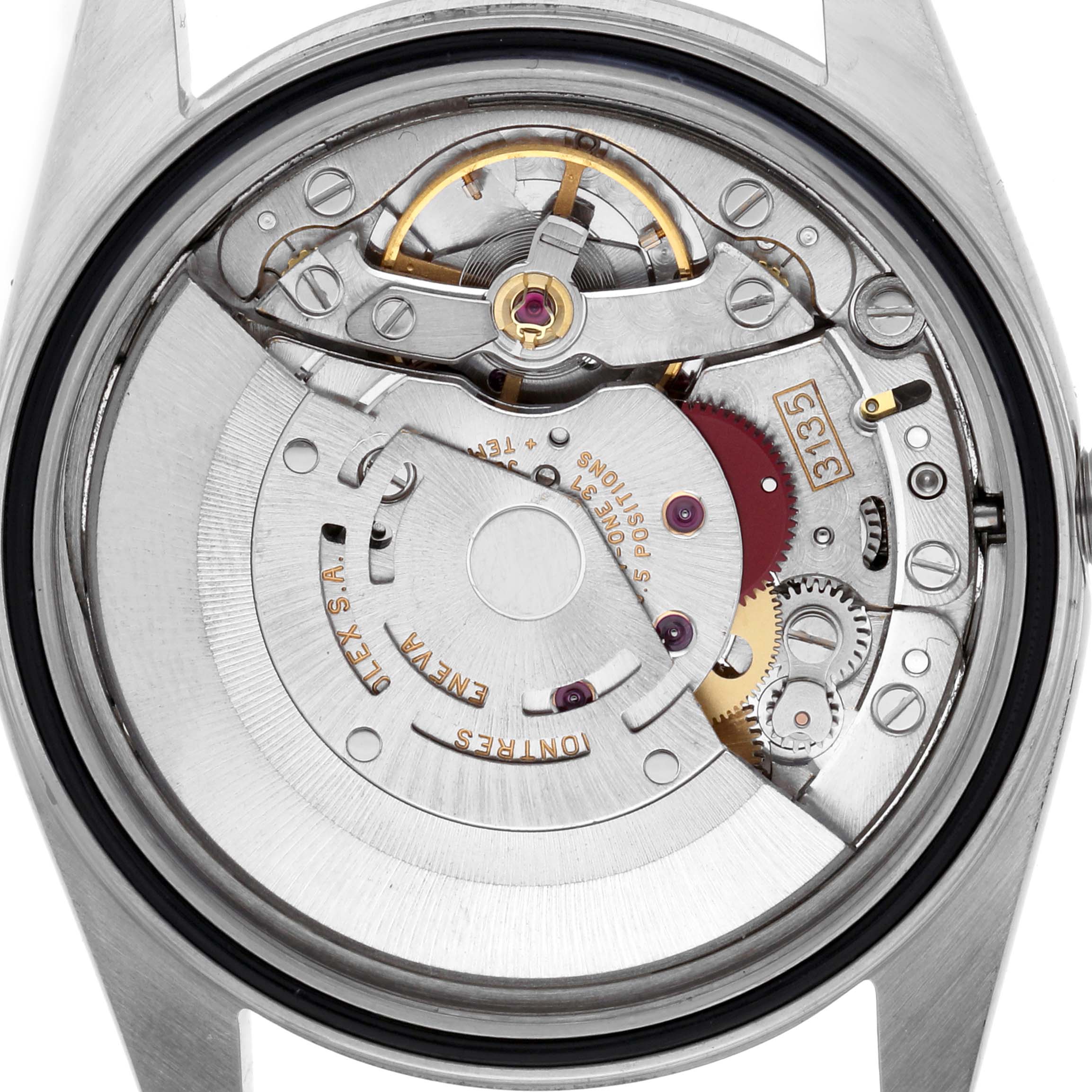 The image shows the back view of a Rolex Datejust 16200 Men's Stainless Steel White Dial 16200 Men's Stainless Steel White Dial watch, highlighting its intricate movement and components.