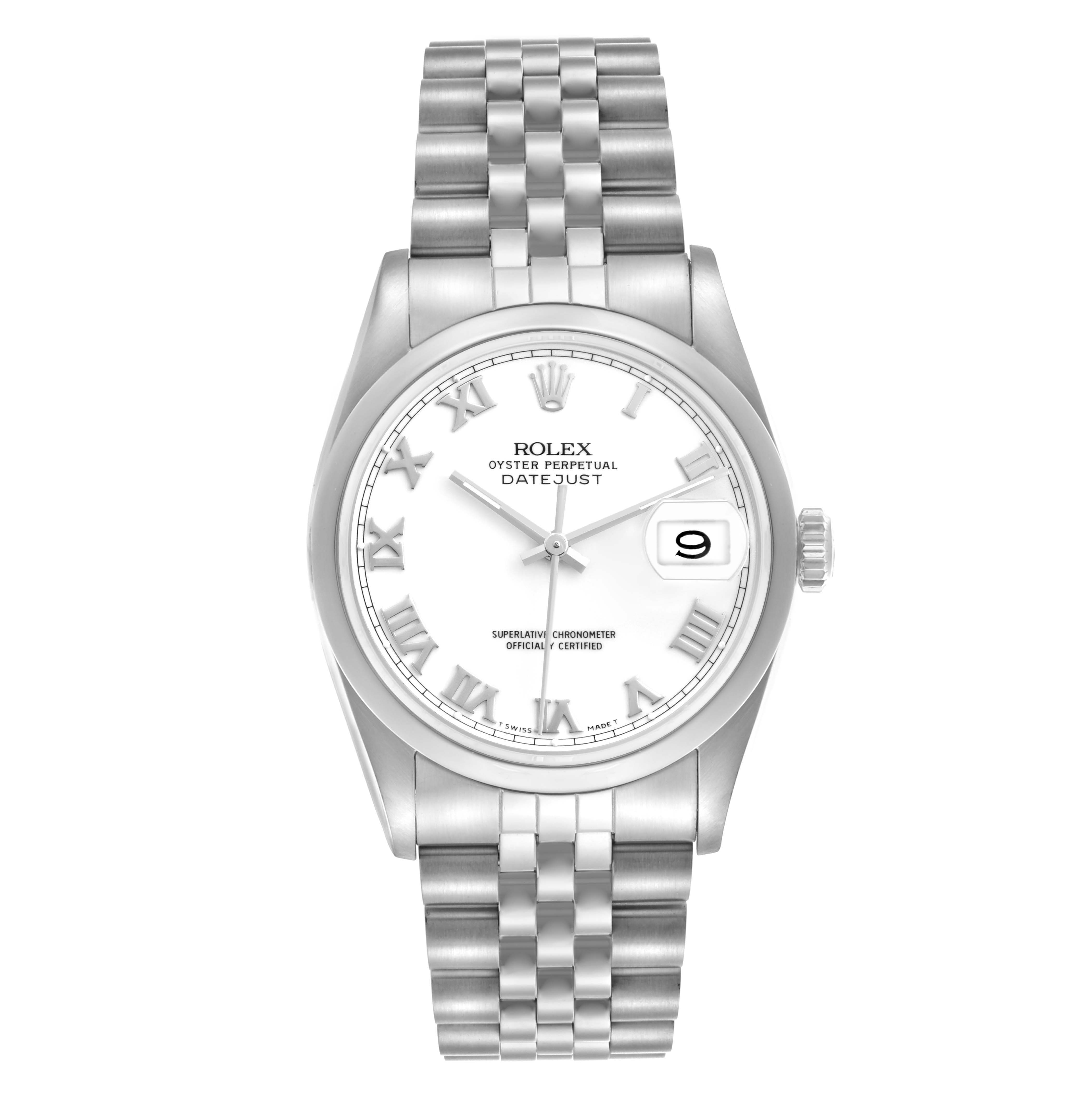 The Rolex Datejust 16200 Men's Stainless Steel White Dial 16200 Men's Stainless Steel White Dial watch is shown from a front angle, highlighting the dial, bracelet, and crown.