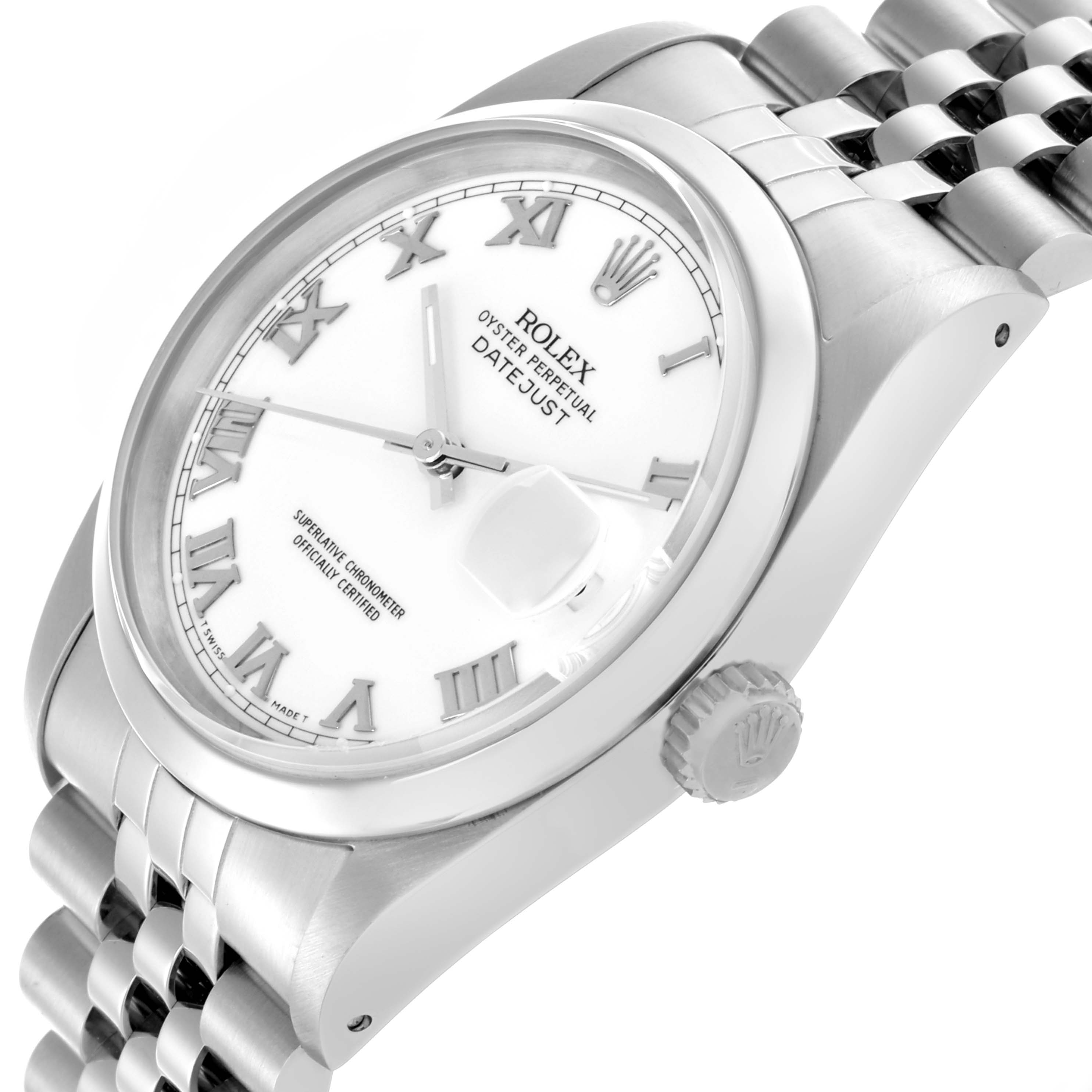 The Rolex Datejust 16200 Men's Stainless Steel White Dial 16200 Men's Stainless Steel White Dial watch is shown at a slight angle, displaying the face, bezel, crown, and part of the bracelet.