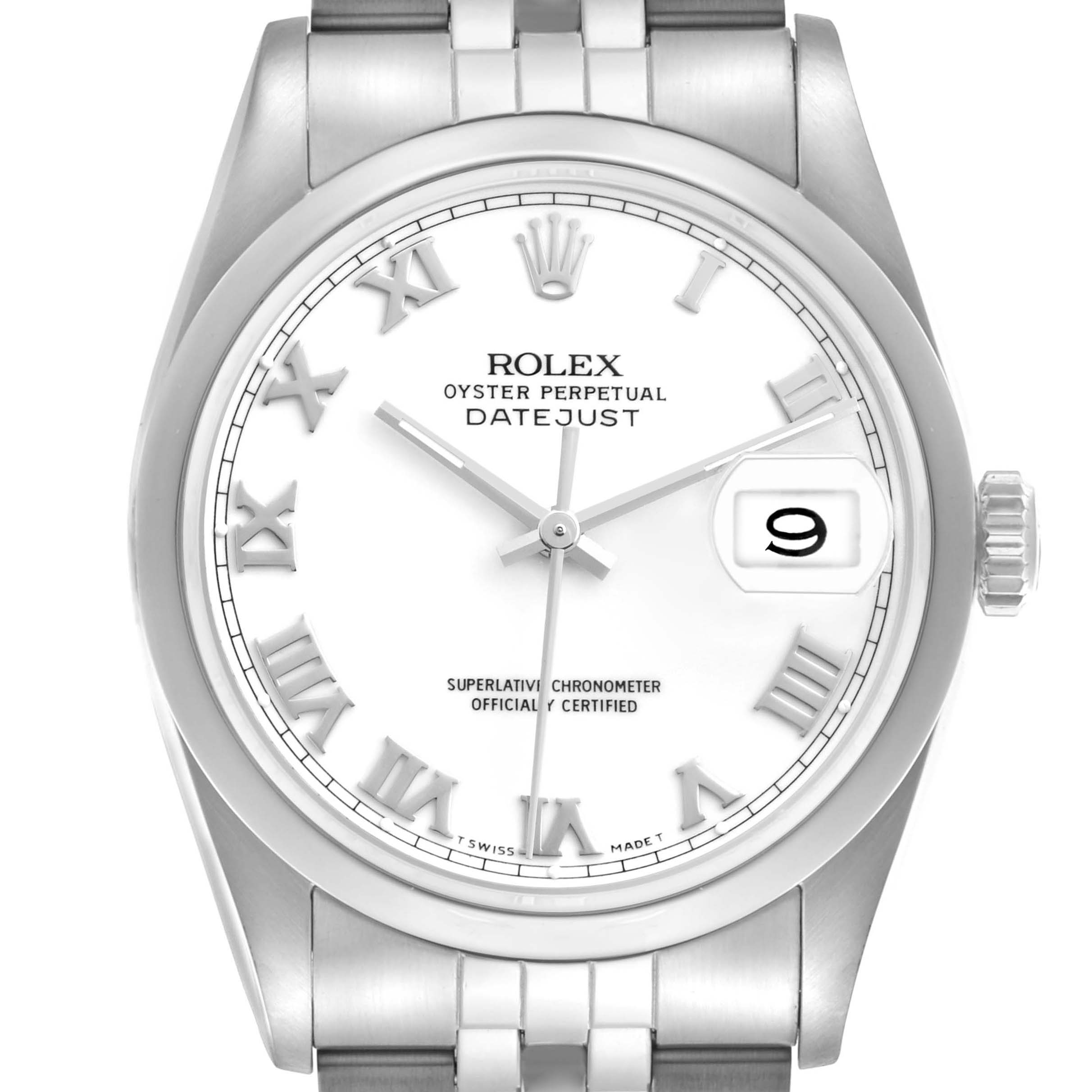 The Rolex Datejust 16200 Men's Stainless Steel White Dial 16200 Men's Stainless Steel White Dial watch is shown from a front angle, highlighting the Roman numeral dial and date window.