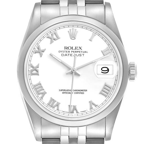 The Rolex Datejust watch is shown from the front, highlighting the dial, bezel, and part of the bracelet.