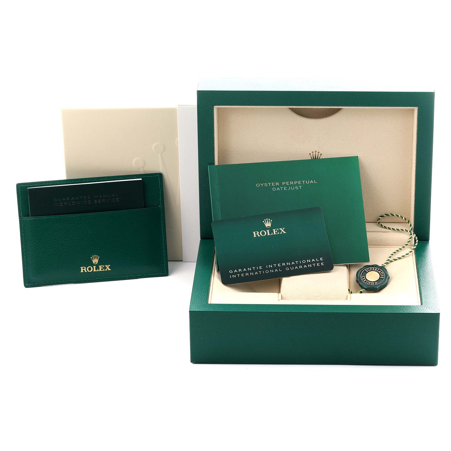 The image shows a Rolex Datejust 41 126300 Men's Stainless Steel Blue Dial 126300 Men's Stainless Steel Blue Dial packaging with a box, warranty card, manuals, and a tag, all at a slight angle.
