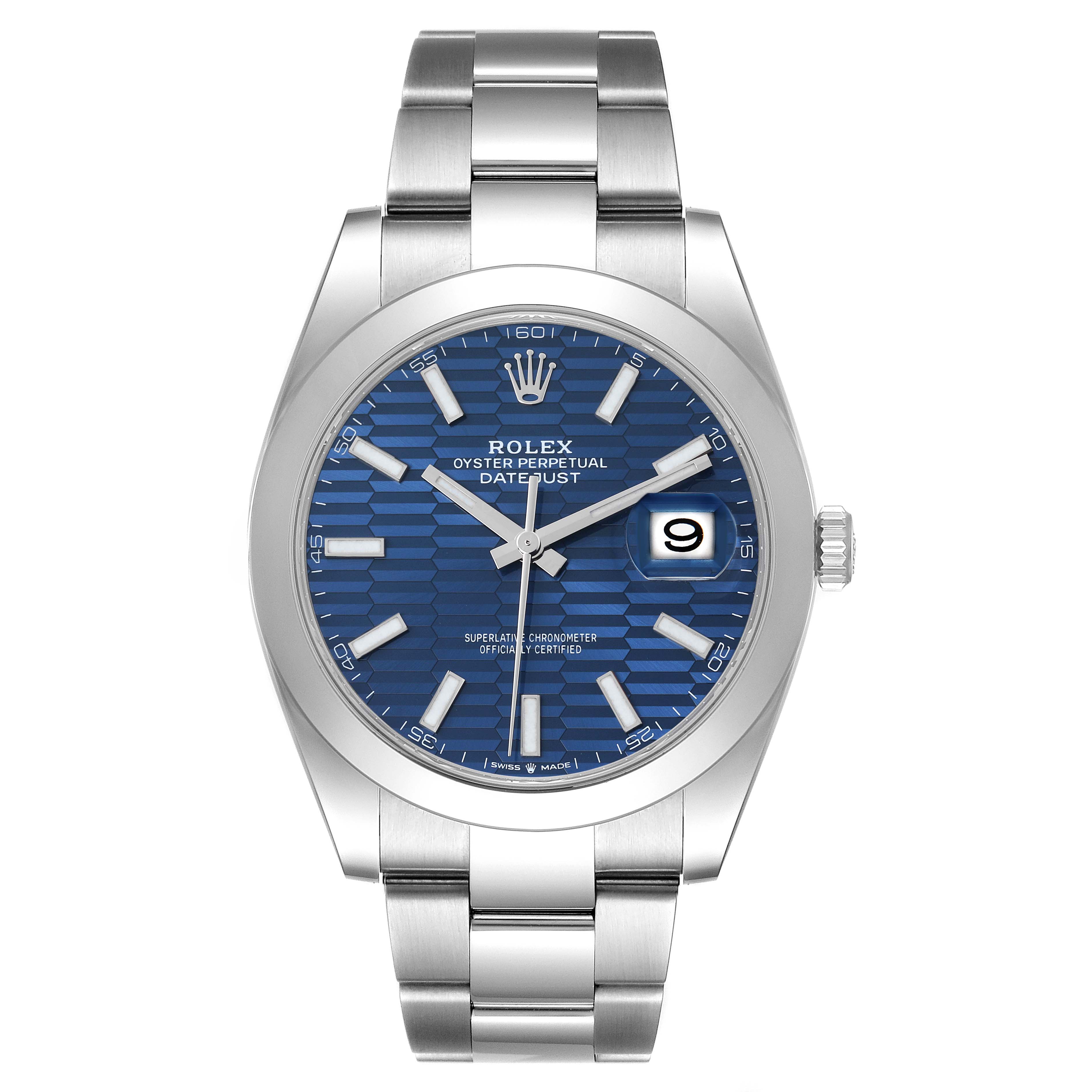 The Rolex Datejust 41 126300 Men's Stainless Steel Blue Dial 126300 Men's Stainless Steel Blue Dial watch is shown from a front angle, highlighting its dial, bezel, crown, and metal bracelet.