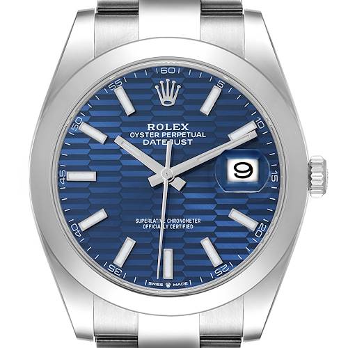 The image shows a front view of a Rolex Datejust 41, highlighting the blue dial, hands, indices, and date function.