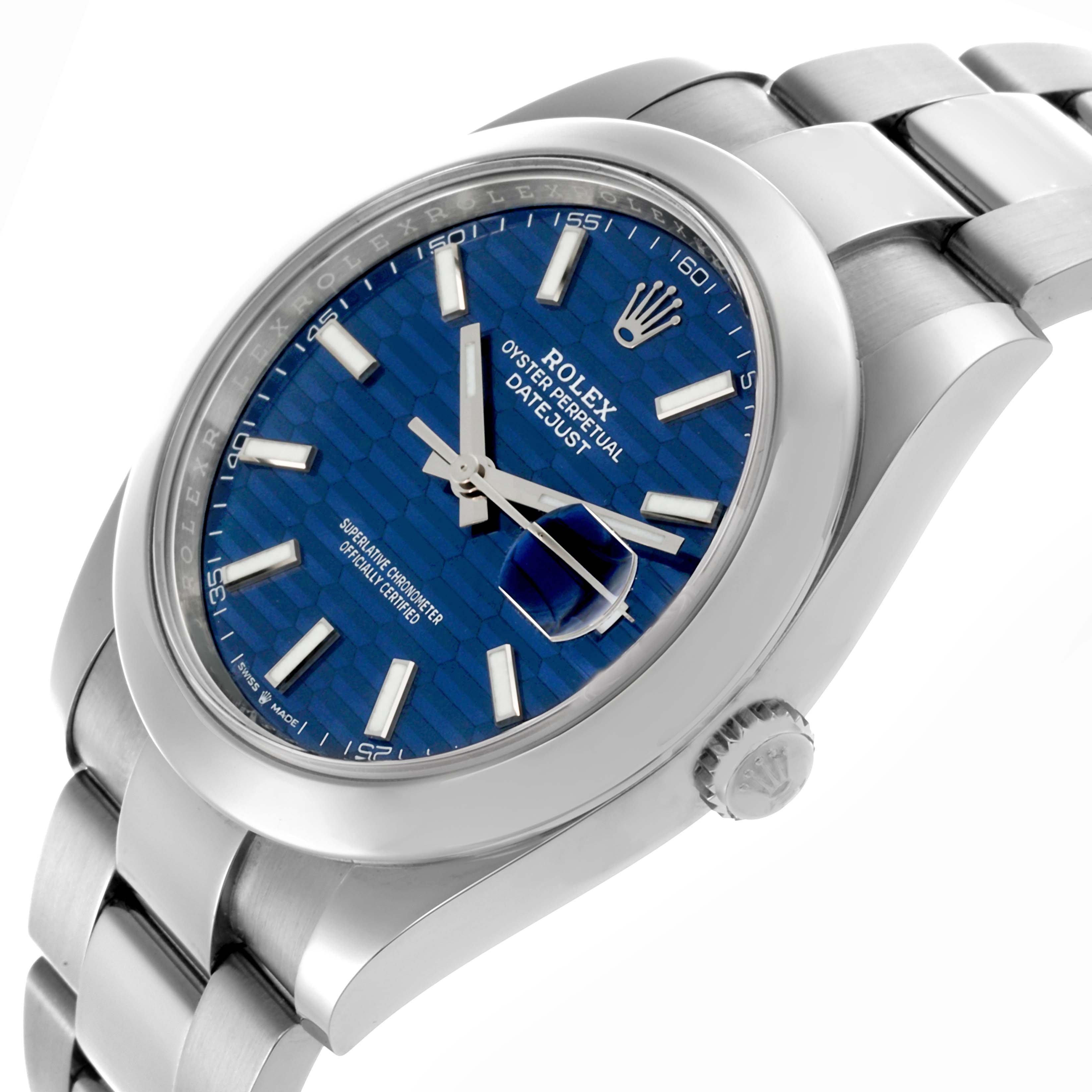 The Rolex Datejust 41 126300 Men's Stainless Steel Blue Dial 126300 Men's Stainless Steel Blue Dial watch is shown at an angle highlighting the dial, bezel, case, crown, and bracelet.