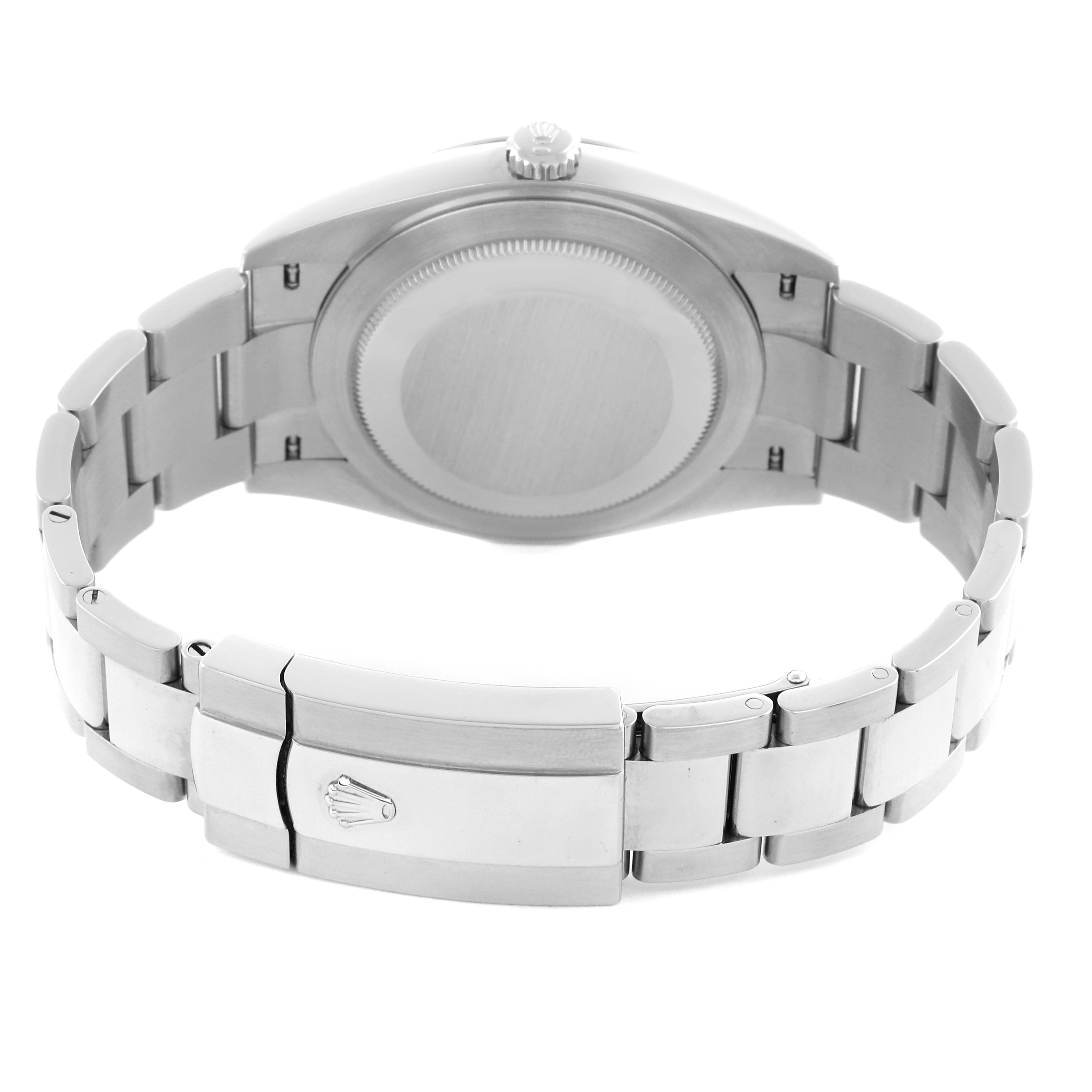 The image shows the back of a Rolex Datejust 41 126300 Men's Stainless Steel Blue Dial 126300 Men's Stainless Steel Blue Dial watch, highlighting the case back and bracelet clasp.