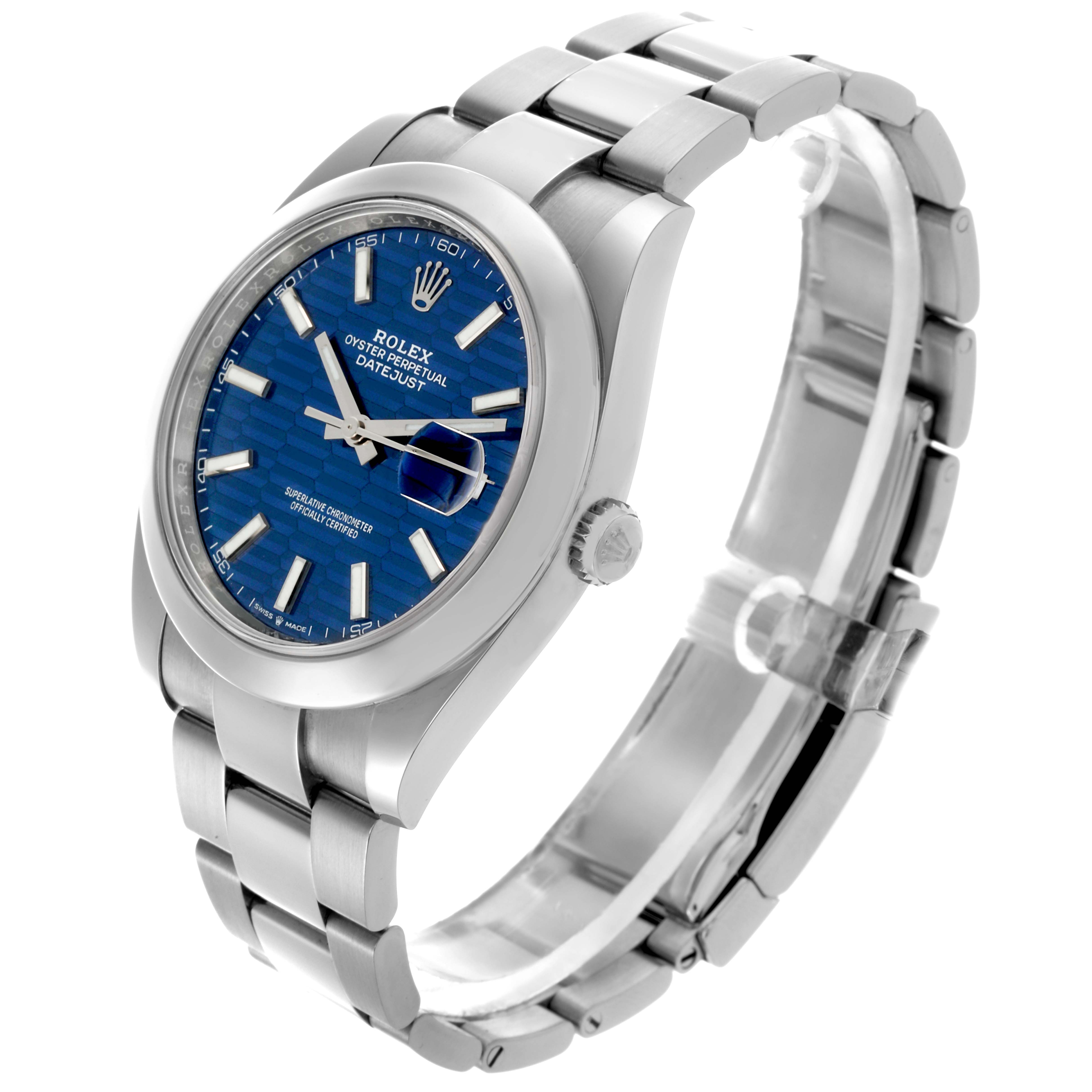 The Rolex Datejust 41 126300 Men's Stainless Steel Blue Dial 126300 Men's Stainless Steel Blue Dial is shown at a three-quarter angle, highlighting the dial, bracelet, and crown.