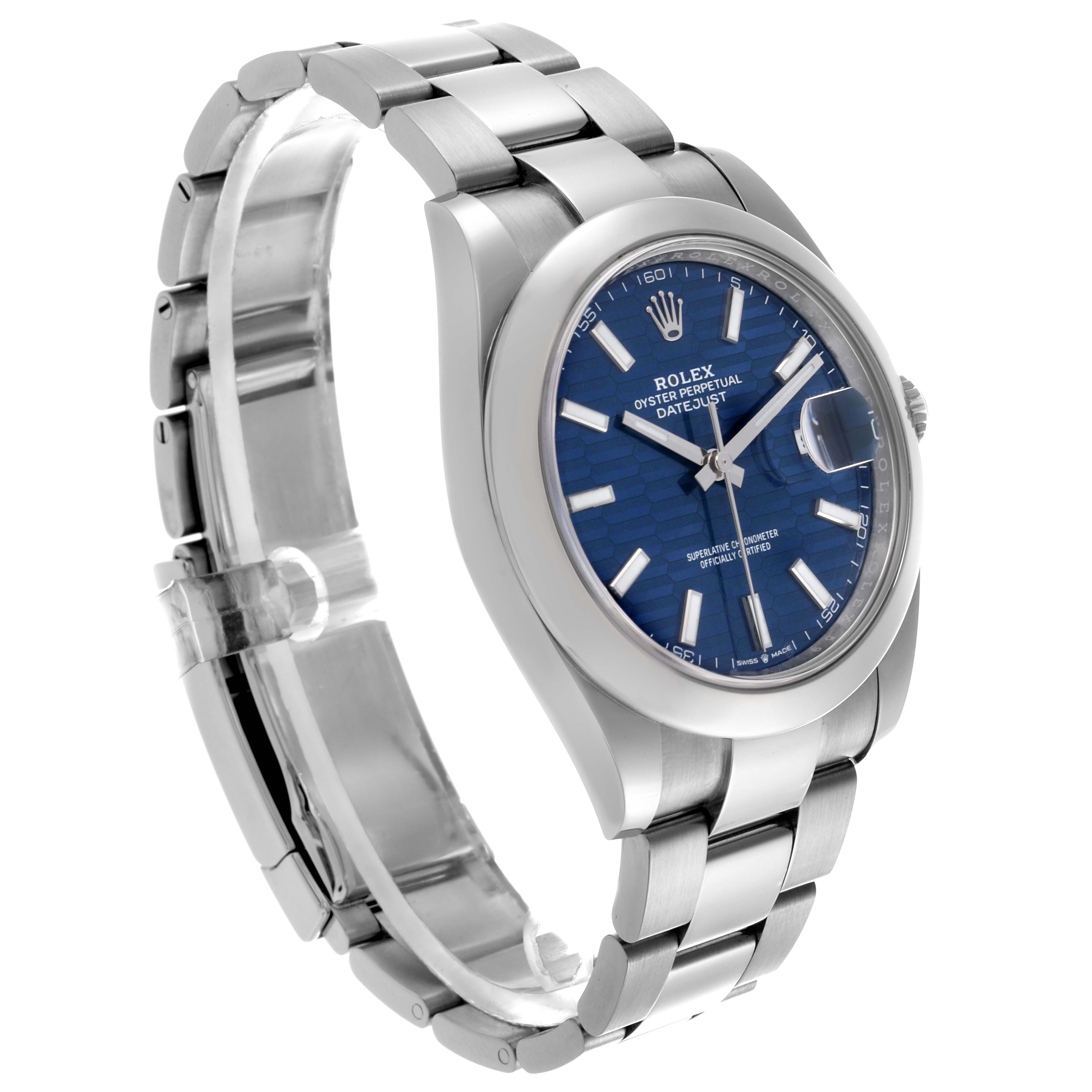 The image shows a Rolex Datejust 41 126300 Men's Stainless Steel Blue Dial 126300 Men's Stainless Steel Blue Dial from a three-quarter angle, displaying the bracelet, case, sapphire crystal, and blue dial.