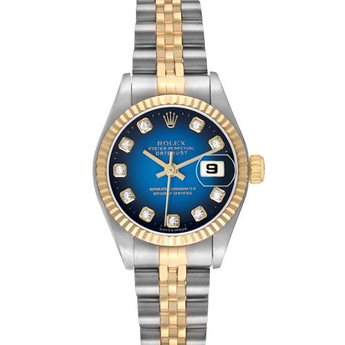 The Rolex Datejust 79173 Women's Steel and Gold (two tone) Blue Dial watch is shown from a top-down angle, highlighting the bezel, dial, bracelet, and crown.