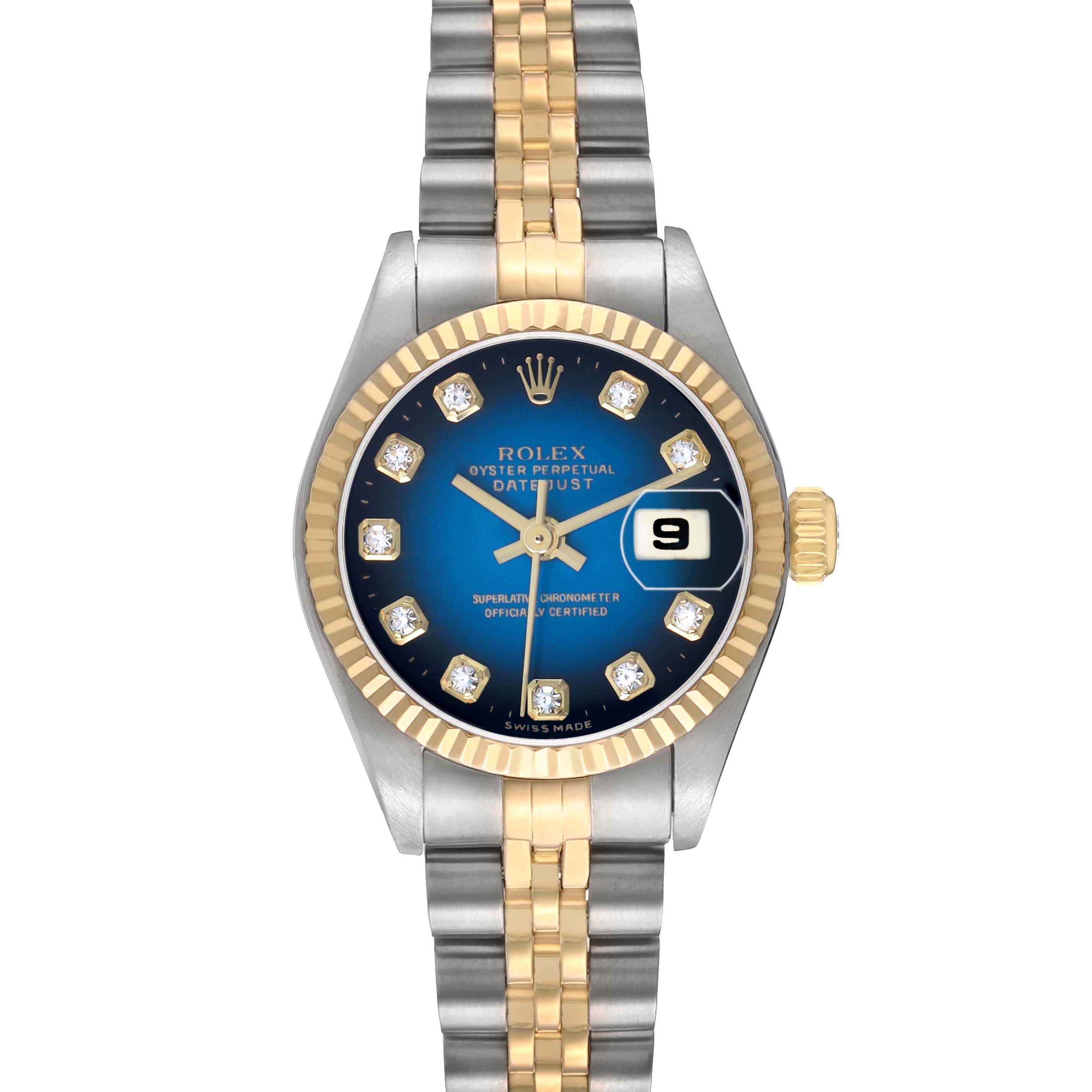 The Rolex Datejust 79173 Women's Steel and Gold (two tone) Blue Dial watch is shown from a top-down angle, displaying the dial, bezel, crown, and bracelet.
